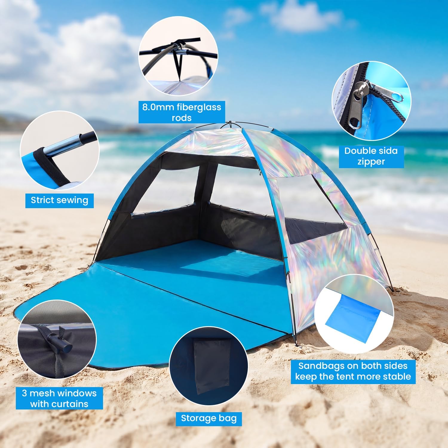 Rainbow Nest Tent Sun Shelter for 3-4 Person with UPF 100＋ UV Protection, Lightweight & Easy Setup Beach Shade Canopy, Portable Beach Shade Tent Beach Cabana