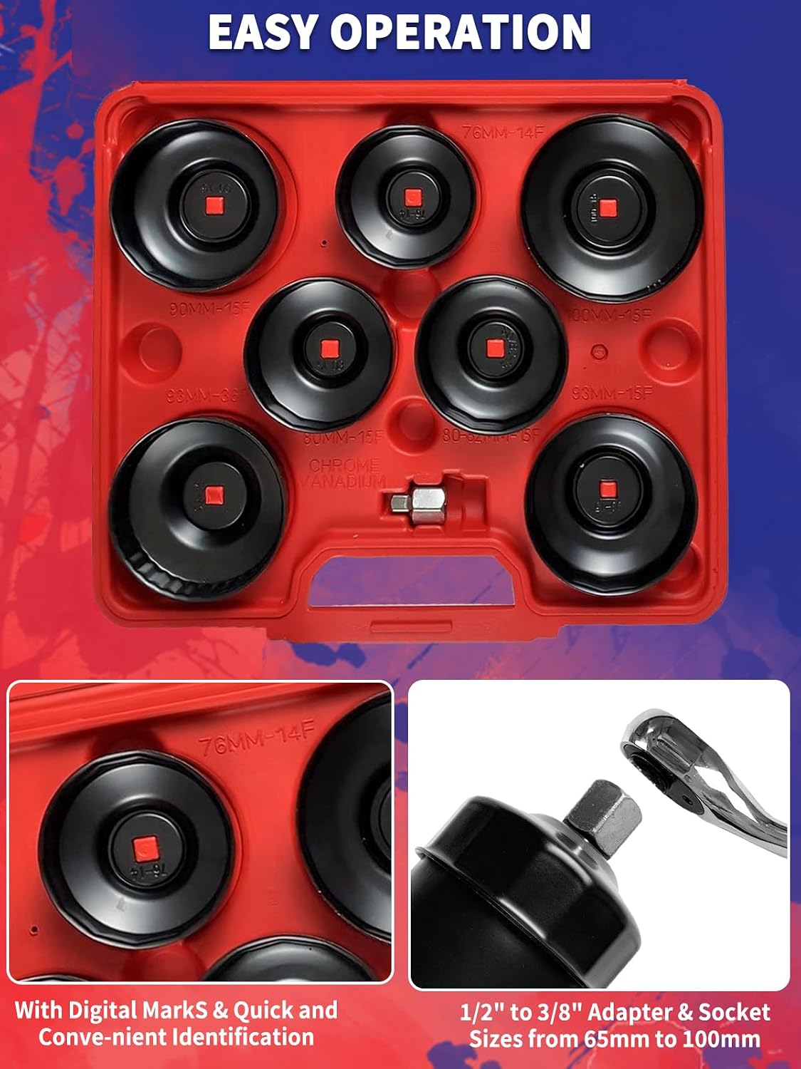 Oil Filter Socket Set 15pcs Oil Filter Cap Wrench Tool Set with 1/2'' Adaptor Compatible with Toyota VW BMW Mercedes for 3/8" or 1/2" square drive wrenches