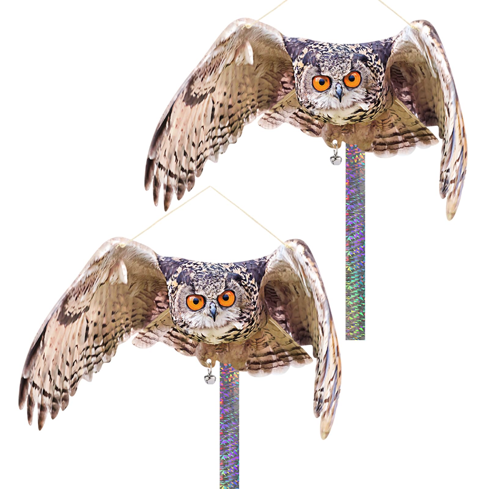 Bird Scarers for Gardens, 2PCS Bird Scarer with Reflective Tape Pigeon Deterrent Hanging Flat Fake Owl Decoy to Scare Birds Away Plastic Owls to Keep Birds Away from Patio Window Porch Tree Roof