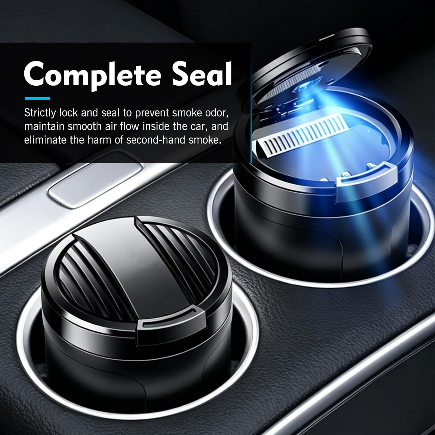 Car Ashtray with Lid, Stainless Steel Heat-resistant Inner Liner Ashtray with LED Blue Light, Portable One-handed Operation Ash Can, Universal Car Accessories (Black)