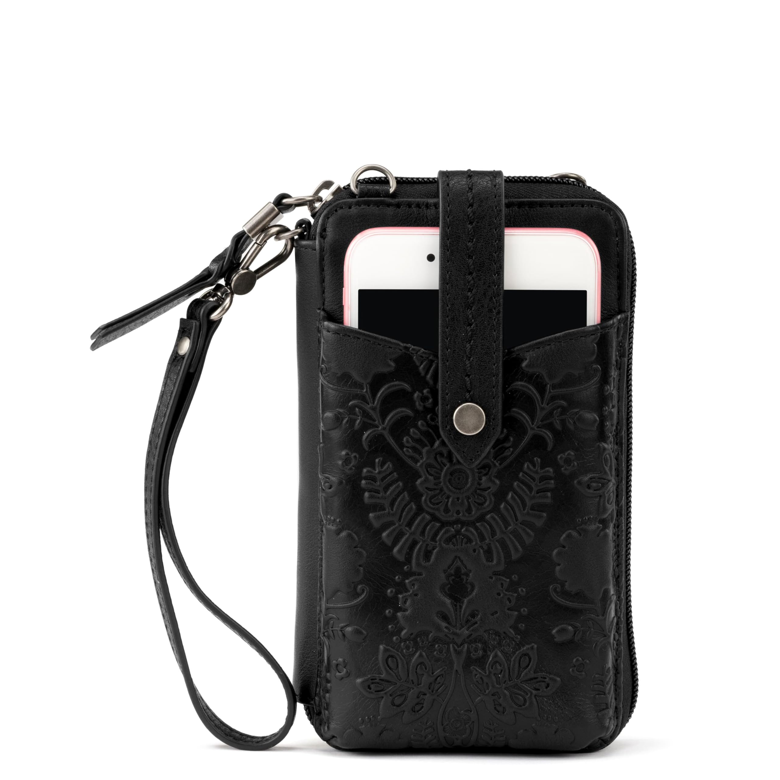 The Sak Women's N/S Silverlake Smartphone Crossbody Bag in Leather, Adjustable Strap, Black Floral Embossed, One Size