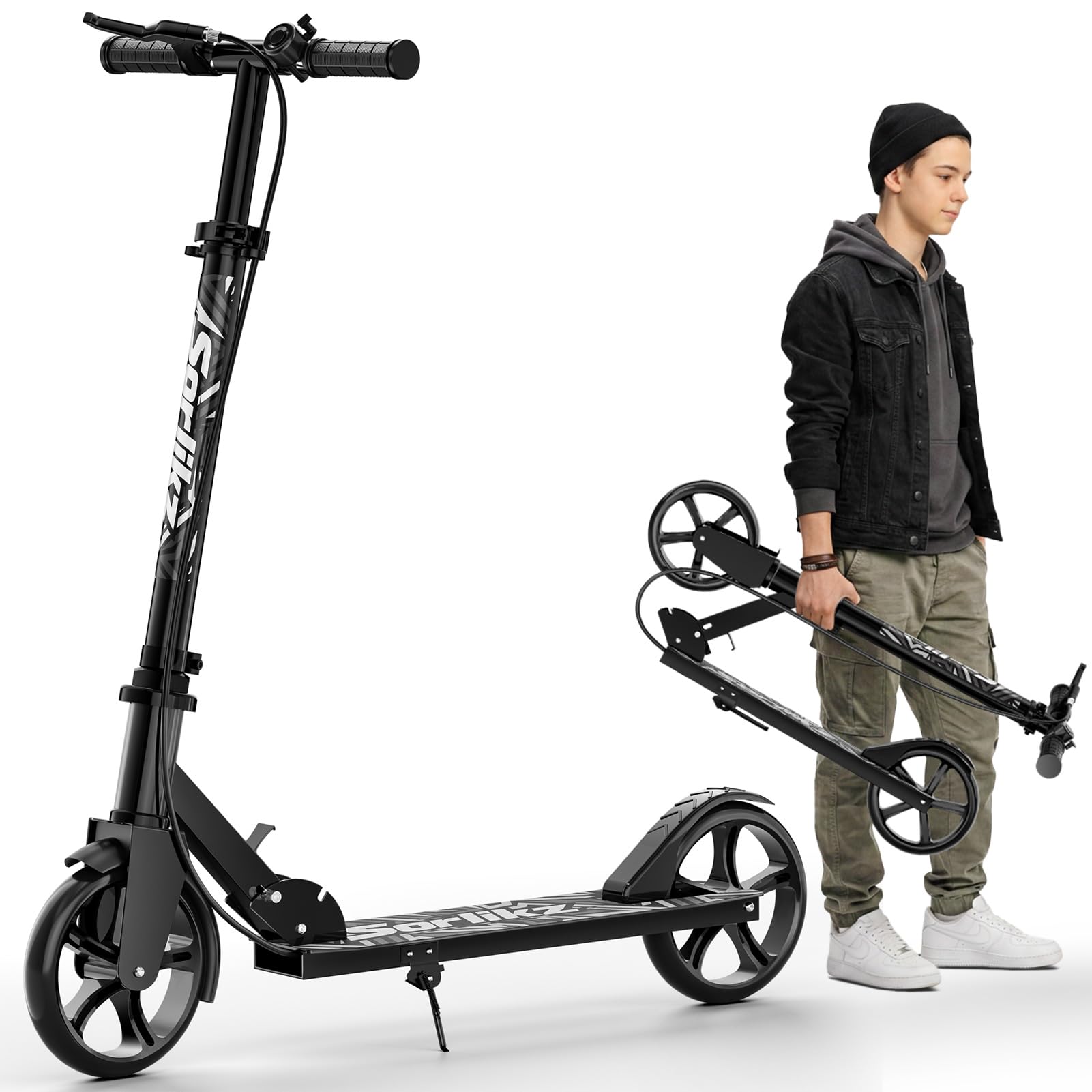 Photo 1 of Sorlikz Scooters for Kids 8-12, Teens & Adults - Hand Brake & Bell, 8-inch Wheels, Adjustable Height, Foldable KIck Scooter, Upgrade Framework, Max Load 240LBS