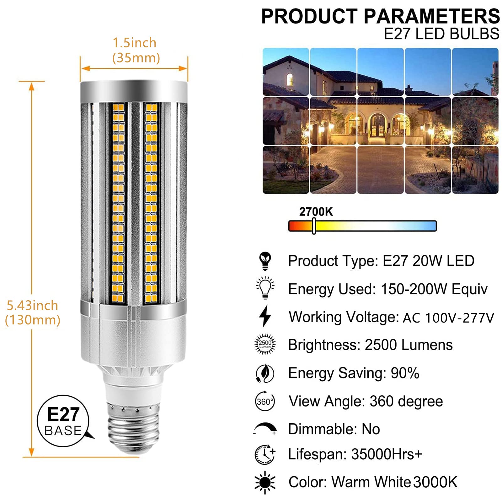 Lampadina a mais 2 pezzi 20W Lampadina LED E27 super luminosa 3000K/6000K 2500 lumen illuminazione a soffitto commerciale grandi dimensioni
