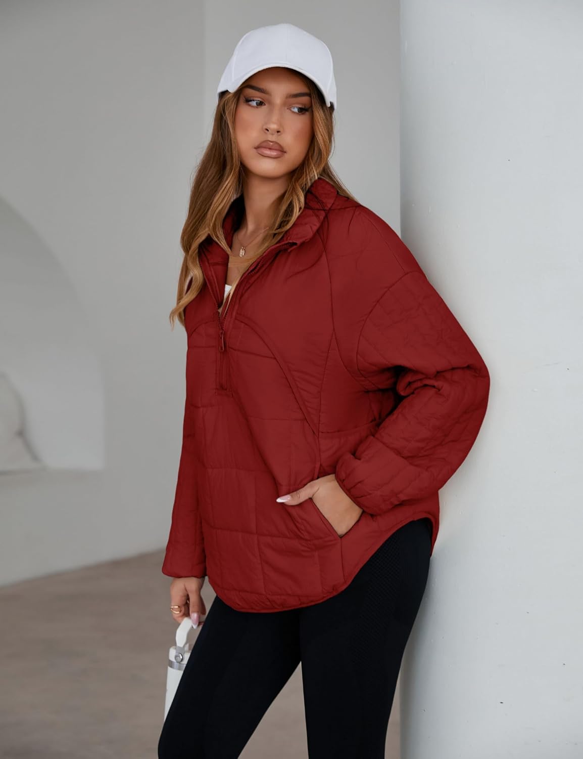 Daacee Oversized Lightweight Quilted Pullover Jacket for Women Half Zip Up Puffer Jackets Padded Outwear XS-2XL