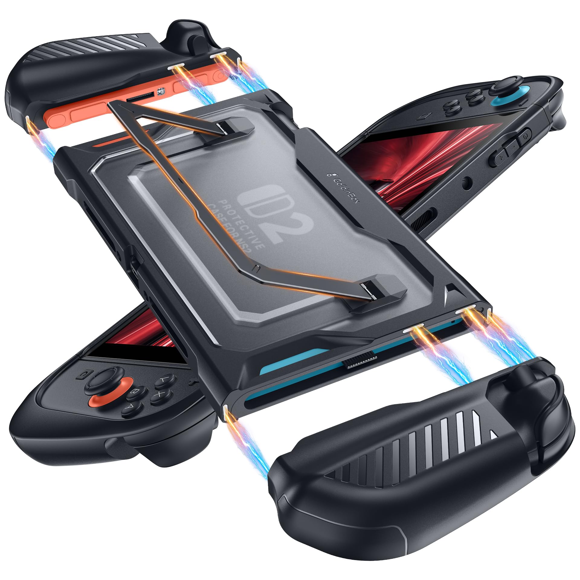 GolbinBox Hard Shell for Nintendo Switch 2 Grip Case with Kickstand, Black | Military-Grade Protection, Magnetic Joy-Con Covers, Built-in Stand, Ergonomic Grip, Switch 2 Protective Case Accessories