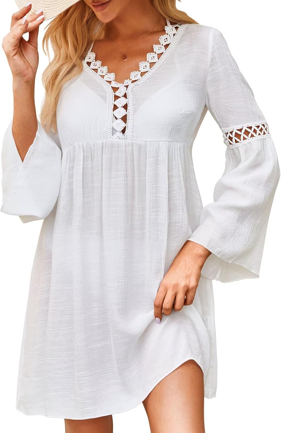 Swimsuit Coverup for Women Long Bell Sleeve Contrast Lace Bathing Suit Cover Up for Swimwear Bikini V Neck Loose