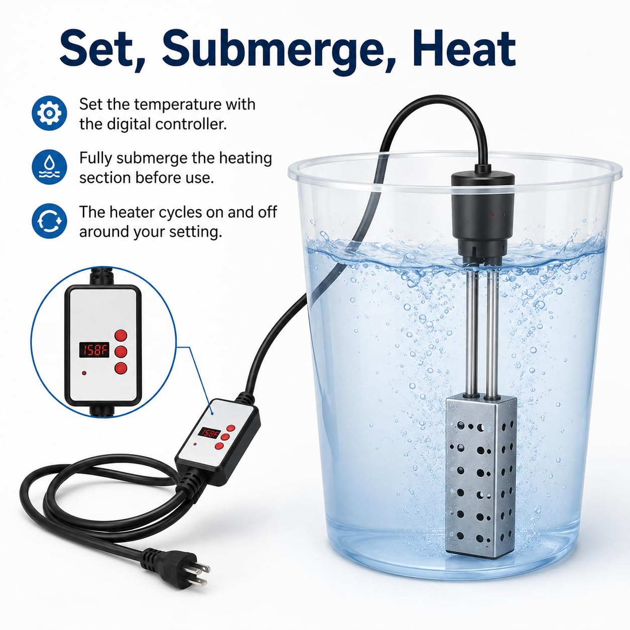 Thermoplongeur électrique thermostatique, 2500 W, contrôleur numérique
