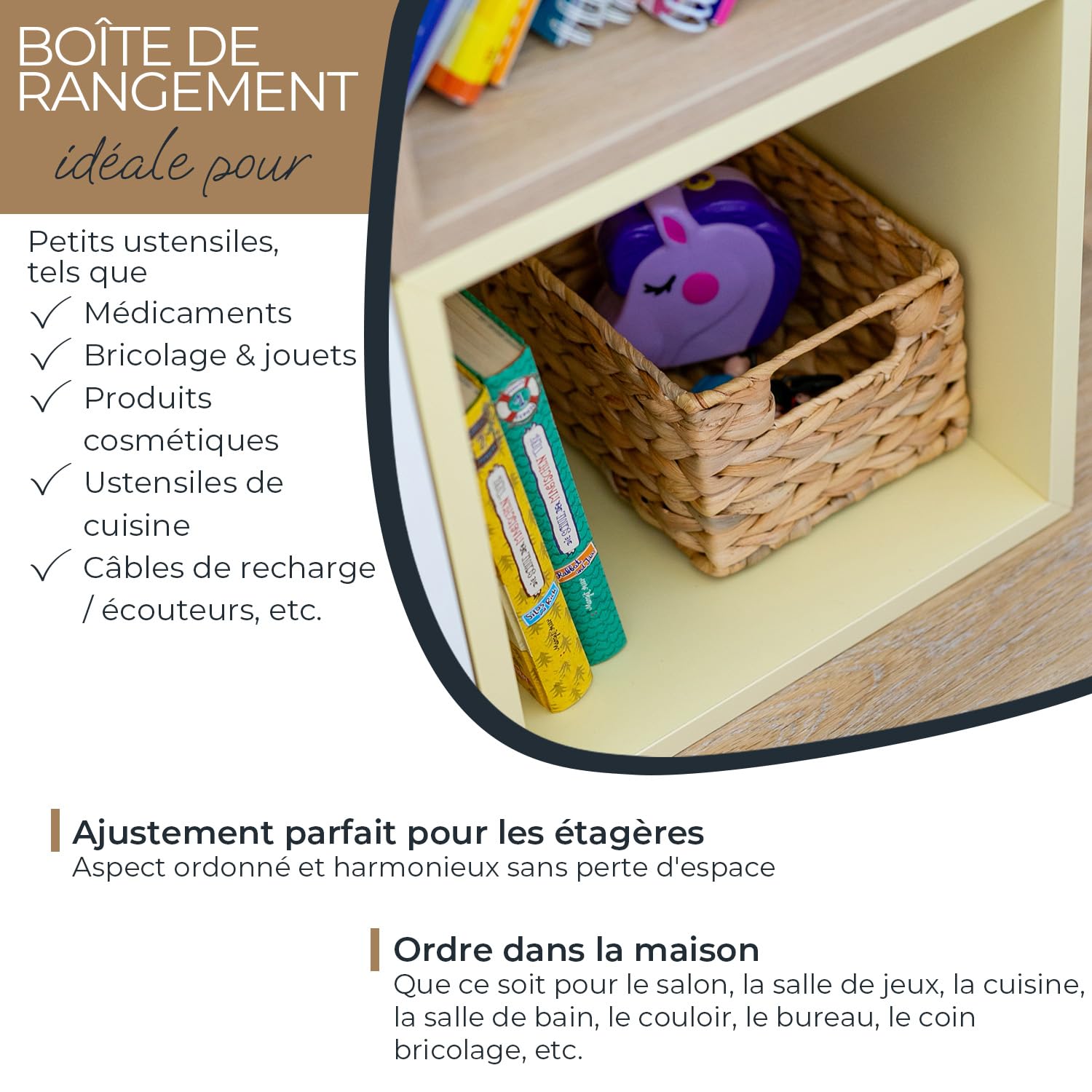 Panier Rangement Enfant Coton - Motif Éléphant Brodé - 30,5x30,5cm - Poignées Rangement Chambre Enfant