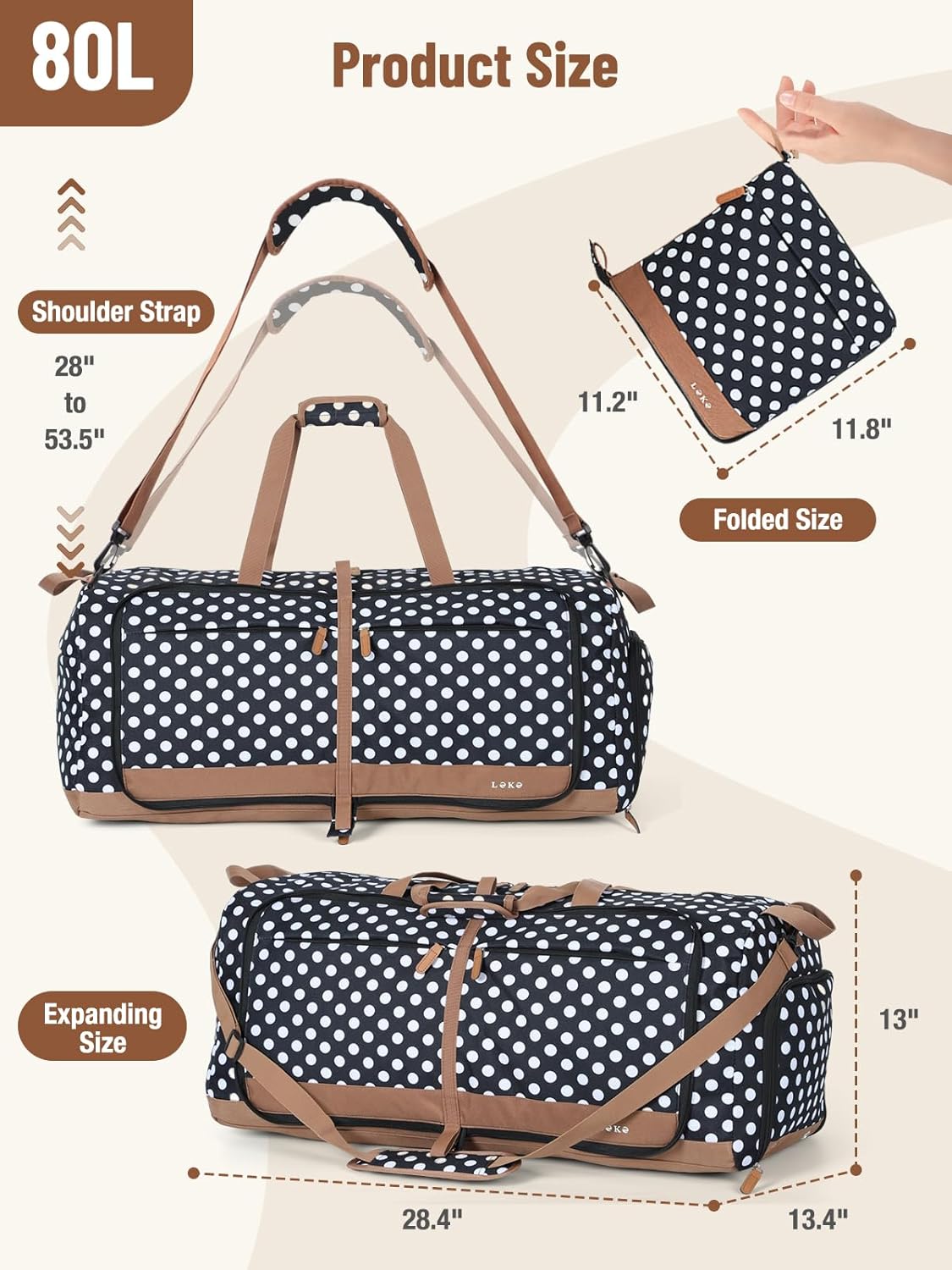 Lekesky Foldable Travel Duffel Bag for Women, 80L Large Duffle Bag with Separate Shoes Compartments & Straps, Carry On Weekend Bag for Women, Hospital, Overnight(Polka Dots) - Image 3