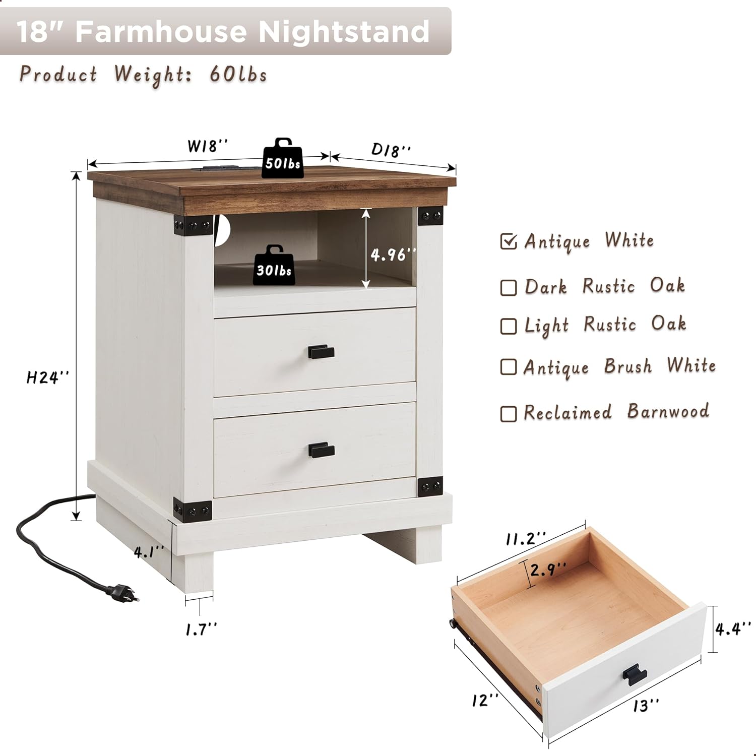RedLemon Farmhouse Nightstand with Charging Station, 18" Rustic Night Stand with 2 Storage Drawers, Wood End Table for Bedroom, Living Room, Antique White