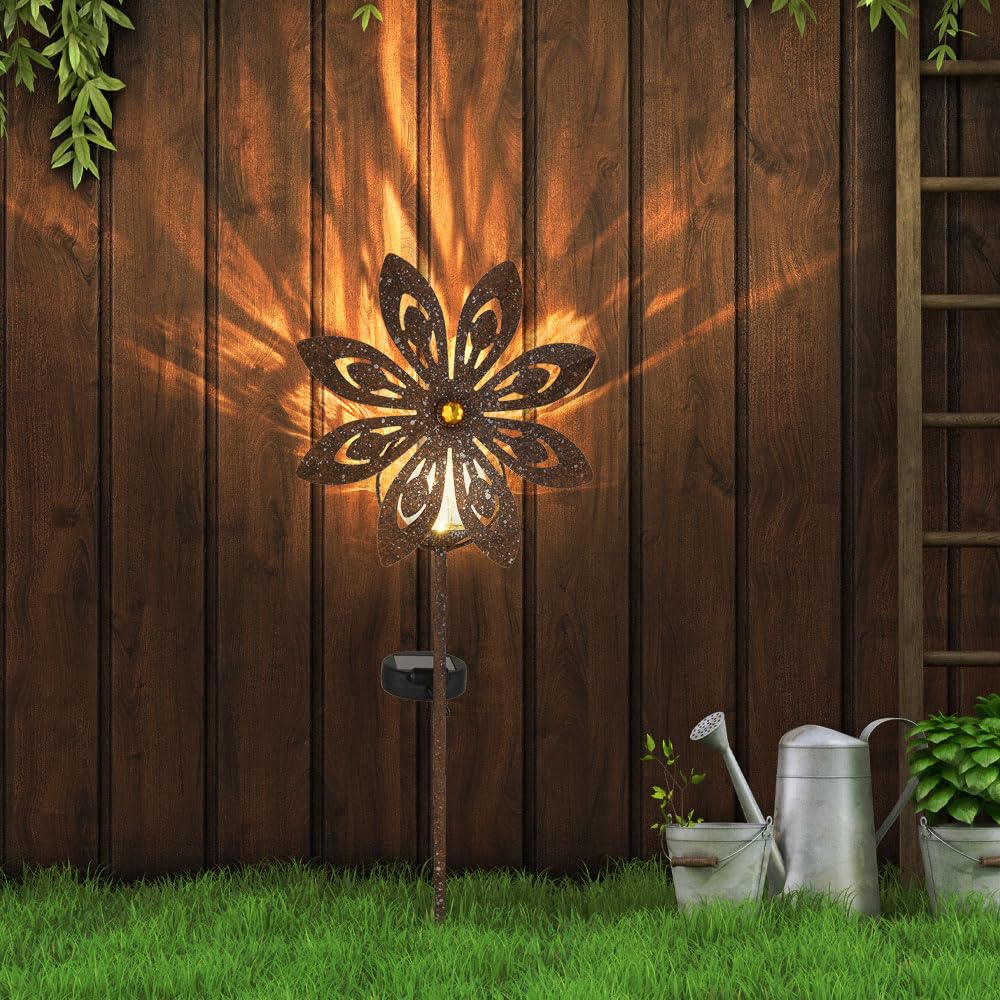 GLOBO Solarleuchte Windrad Solarlampe Erdspieß Gartendeko Solar Gartenstecker rost, Metall, LED warmweiß, 2er Set