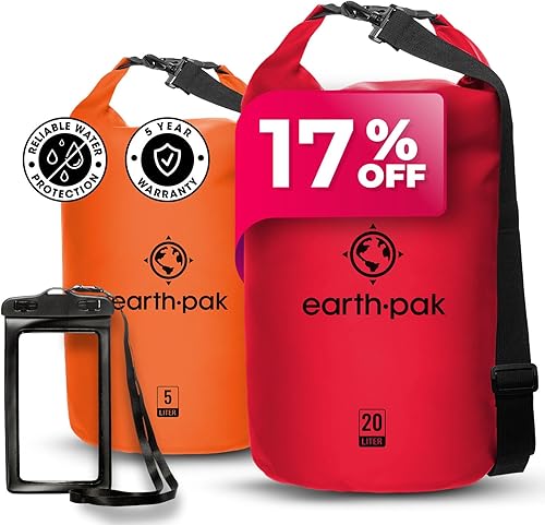 Earth Pak Bolsa seca impermeable - Mochila impermeable con parte superior enrollable (naranja 5L y rojo 20L)