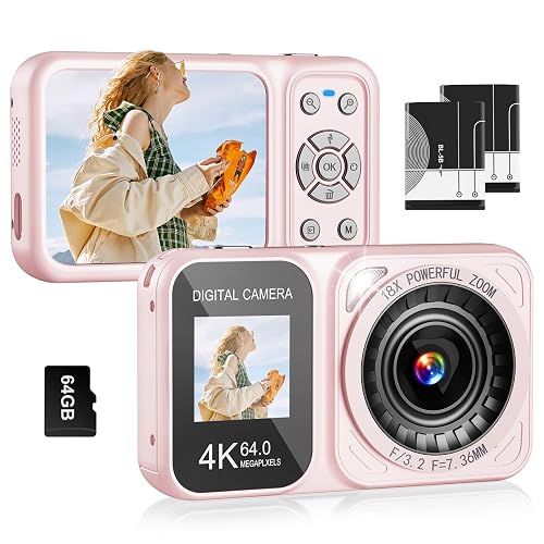 QUOLODOO Digital Camera, 4K 64MP Dual Screens Camera, 18X Zoom, Point and Shoot Digital Camera with 64GB TF Card & 2 Batteries, Portable Rechargeable Small Camera for Kids Teens Adult (Pink)
