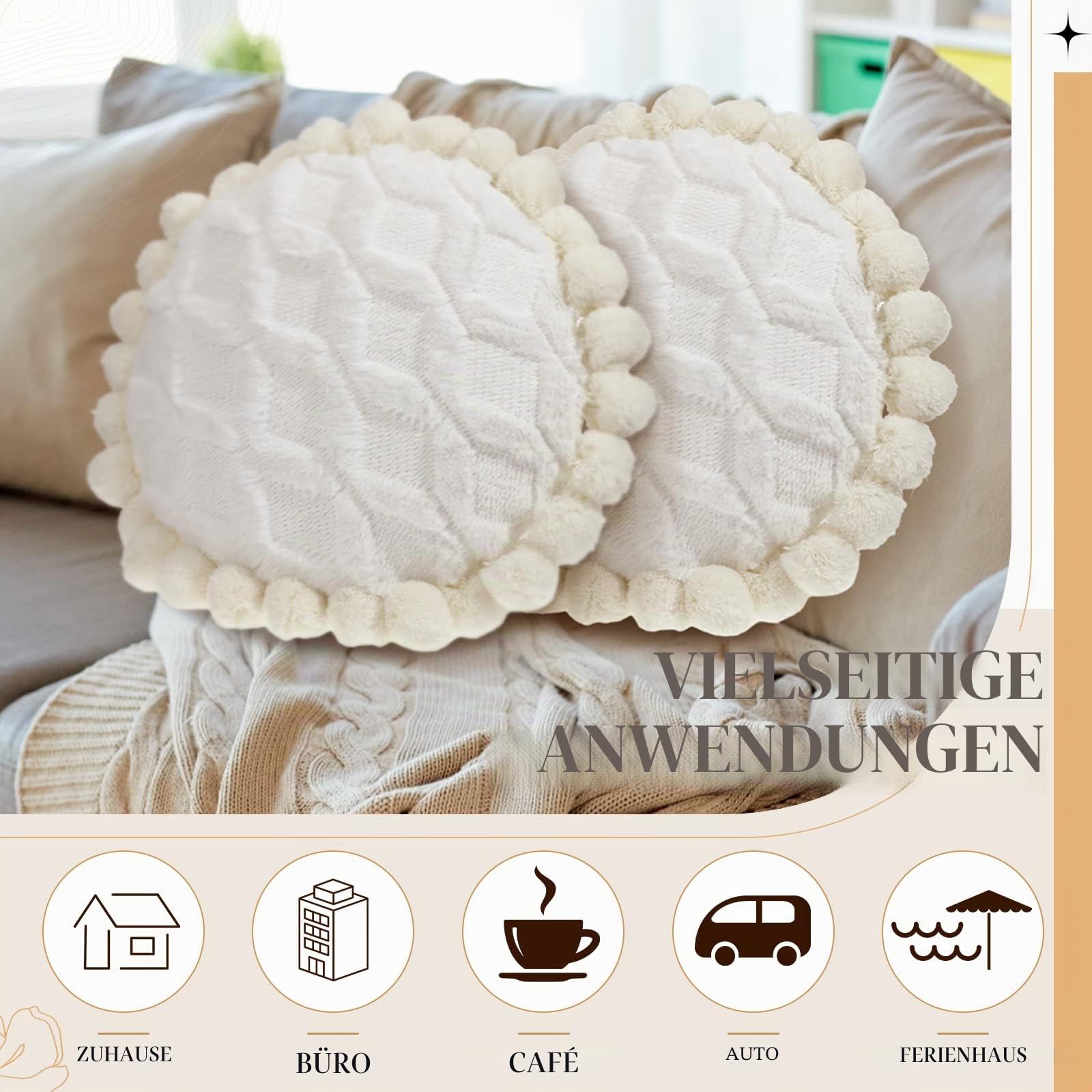 Tranqun Boho-Kissenbezug, 40 cm, rund, Bohemian-Stil, dekorativer Kissenbezug, handgetuftet mit groben strukturierten Pompons, Kissen für Couch, Sofa, Bett, Pouf, Yoga, Beige/Weiß, 2 Stück