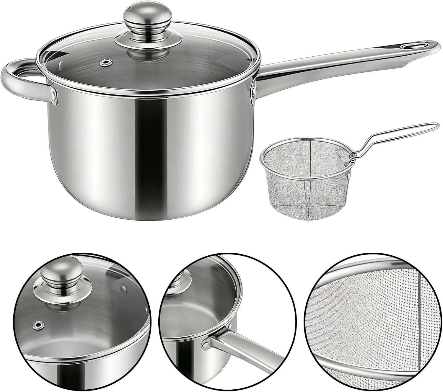 Stainless Steel Countertop Fryer | Stainless Steel Pot | Small Fryer with Basket | for Use in Home Kitchen, Camping, Cooking Fish and Chickens, Picnics and