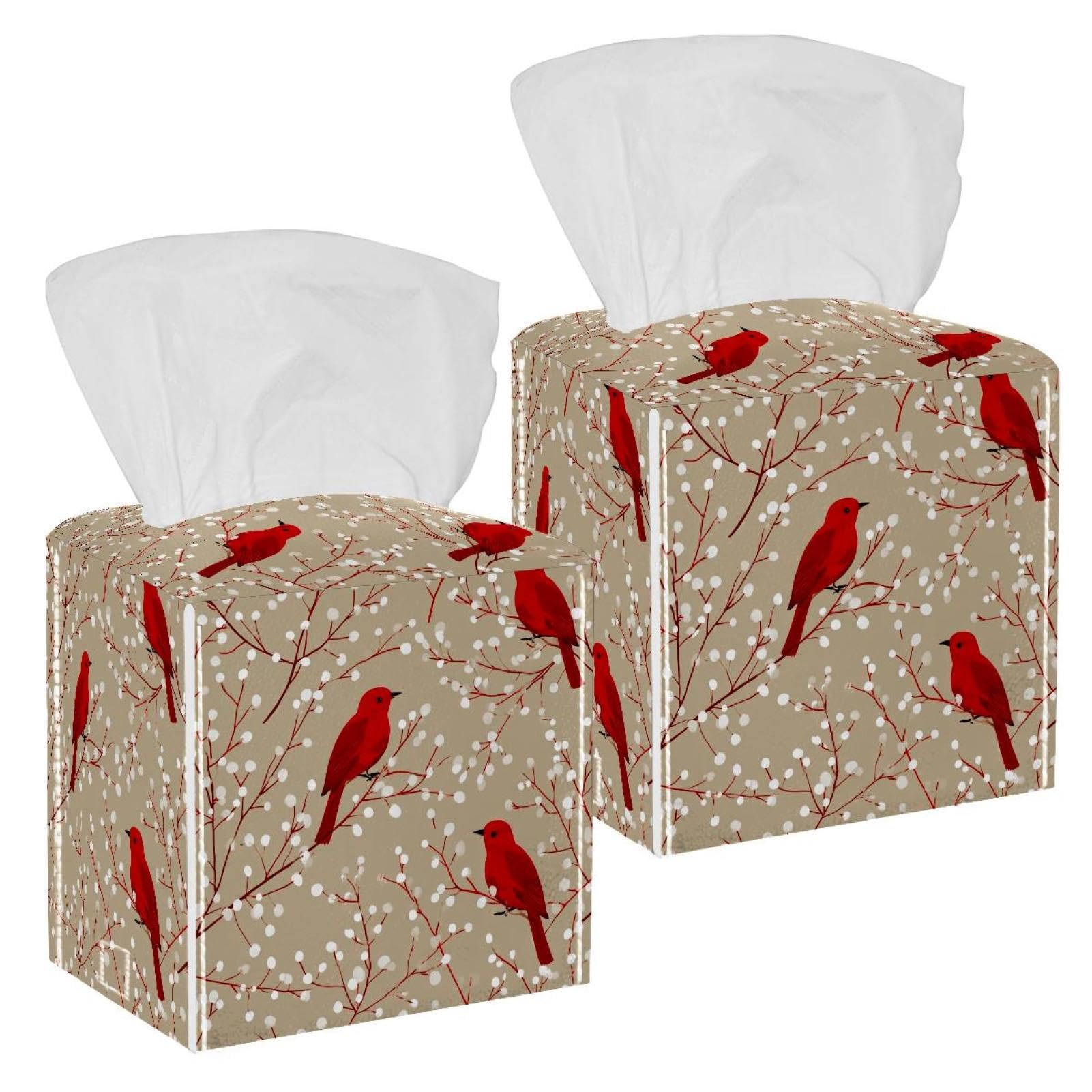 Red Bird Tissue Box Cover, 2 Pack PU Leather Square Facial Tissue Dispenser Box holder for Home Office Car