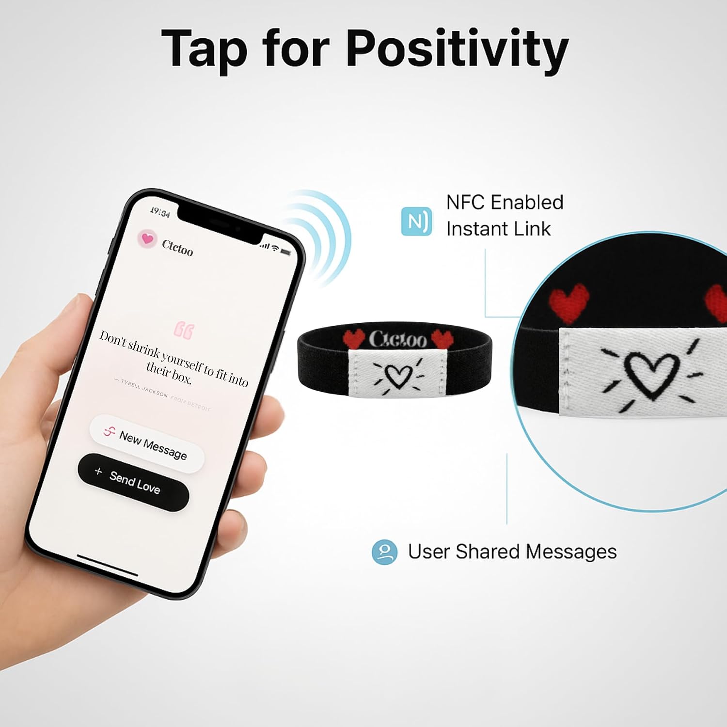 NFC Love Bracelet – Healing Bracelets for Women, Tap to Share Random Love Quotes, Daily Positive Quotes Elastic Wristband, Anniversary & Birthday Gifts for Girlfriend Wife Her, Best Friend Relationship Inspirational Gift