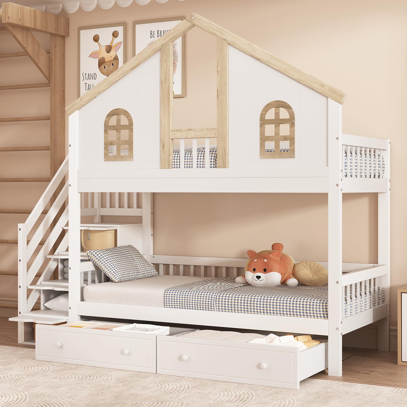 Letto a castello per bambini, 90 x 200 cm, con porta di sicurezza, finestra, due cassetti su ruote e scala con quattro ripostigli. Legno bianco e naturale. (Bianco)
