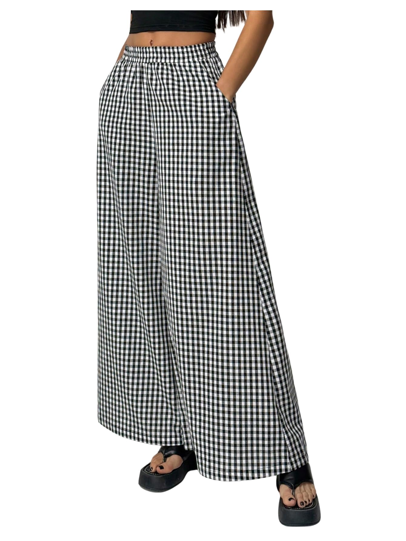 SweatyRocks Womens Plaid Gingham Wide Leg Pants Elastic Waist Baggy Palazzo Trousers with Pockets