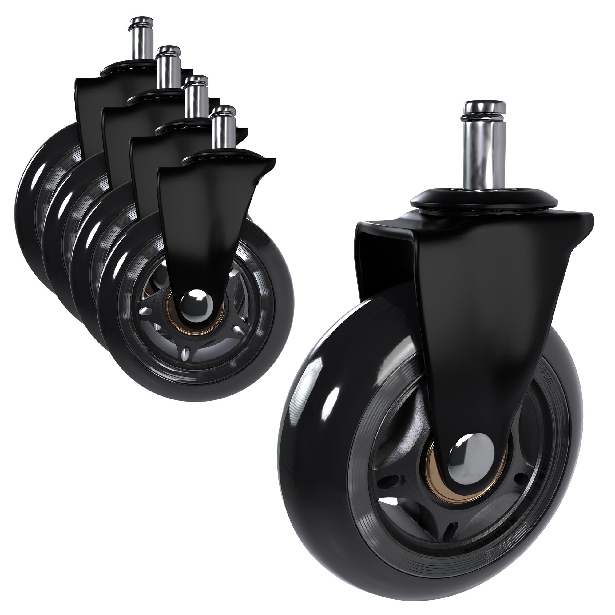 CLP Juego de 5 ruedas duras para sillas de oficina | Ruedas de recambio de goma 11 x 22 mm | Capacidad de carga de las 5 ruedas de 295 kg, Color:negro