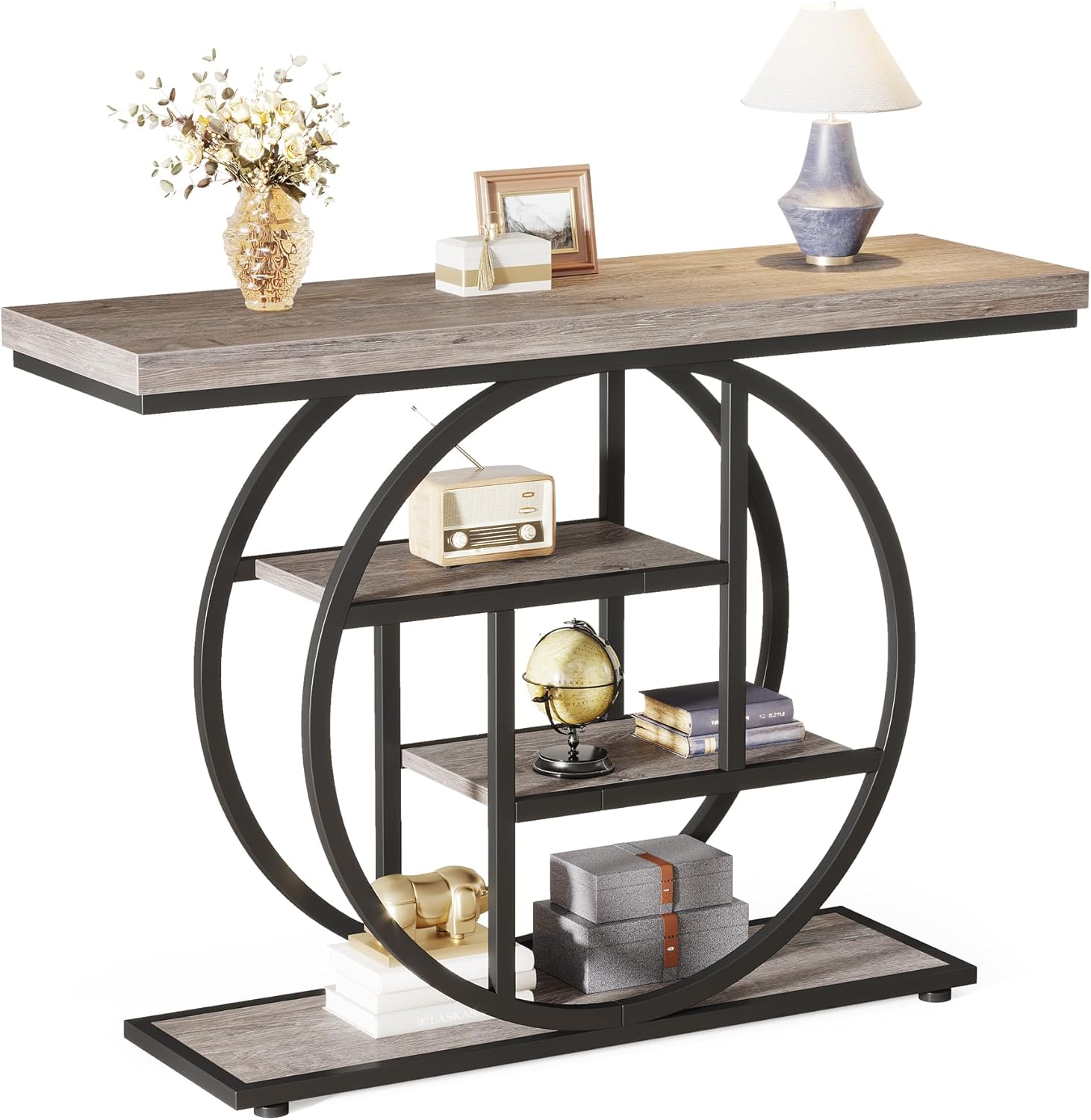 LITTLE TREE 41.3" Console Table, Industrial 4-Tier Sofa Table for Living Room, Wood Entryway Hallway Foyer Table with Black Metal Circle Base, Narrow Gray Accent Table with Storage Shelves