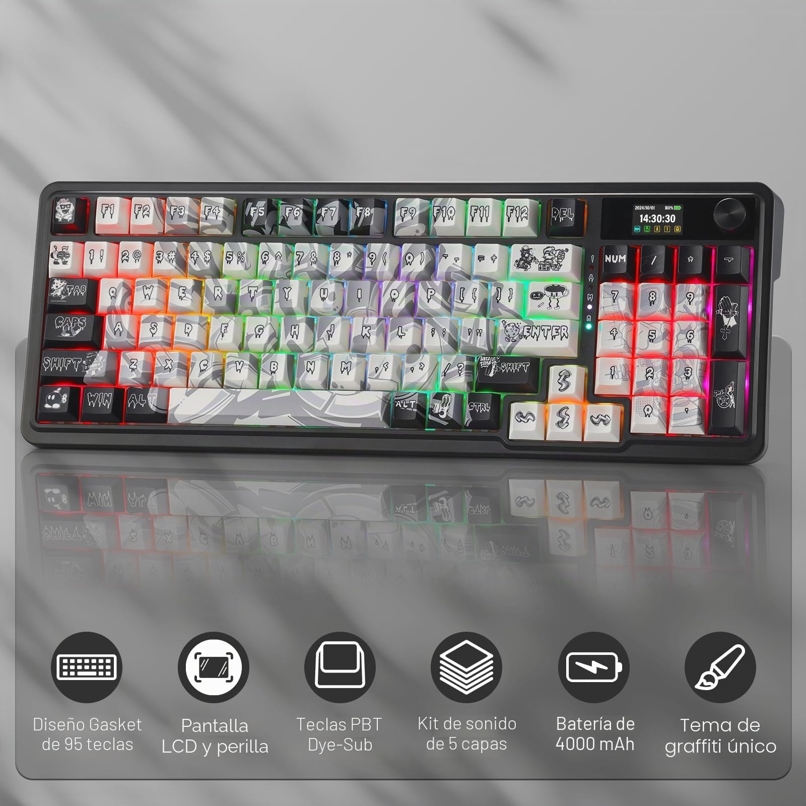 Redragon K719 Pro Teclado Gaming Inalámbrico Pantalla TFT Perilla 95 Teclas | Pantalla TFT 1.14 Pulgadas Fácil Control Amortiguación Ruido Mecánico Gasket Conexión Estable