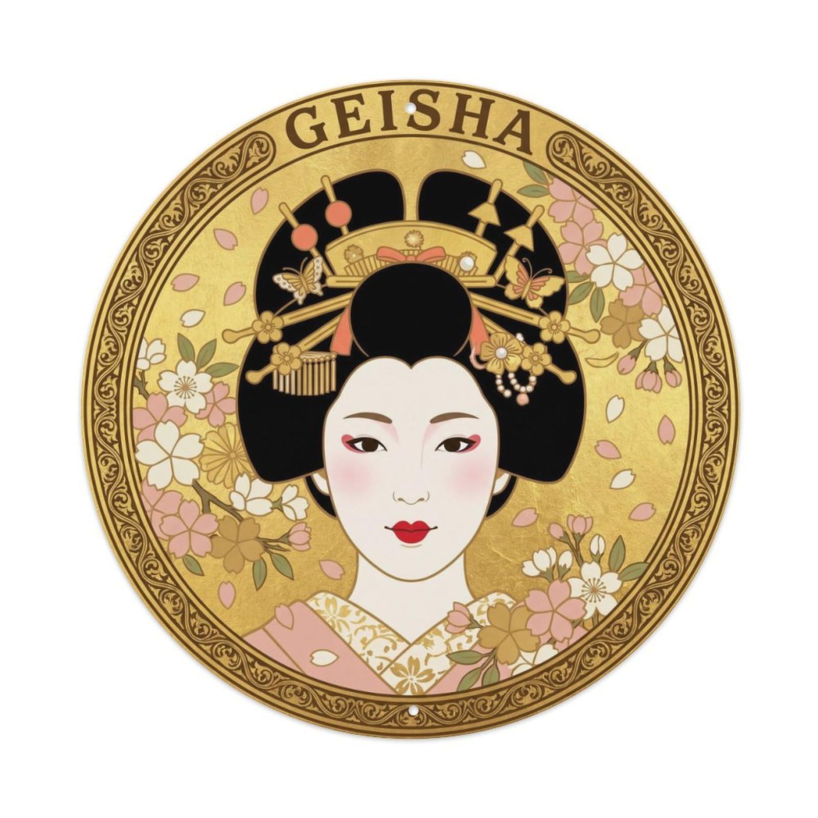 Olyhtr 8X8inch Classic Style Geisha Cherry Blossom Portrait Rinpa Gold Pink Metal Tin Sign