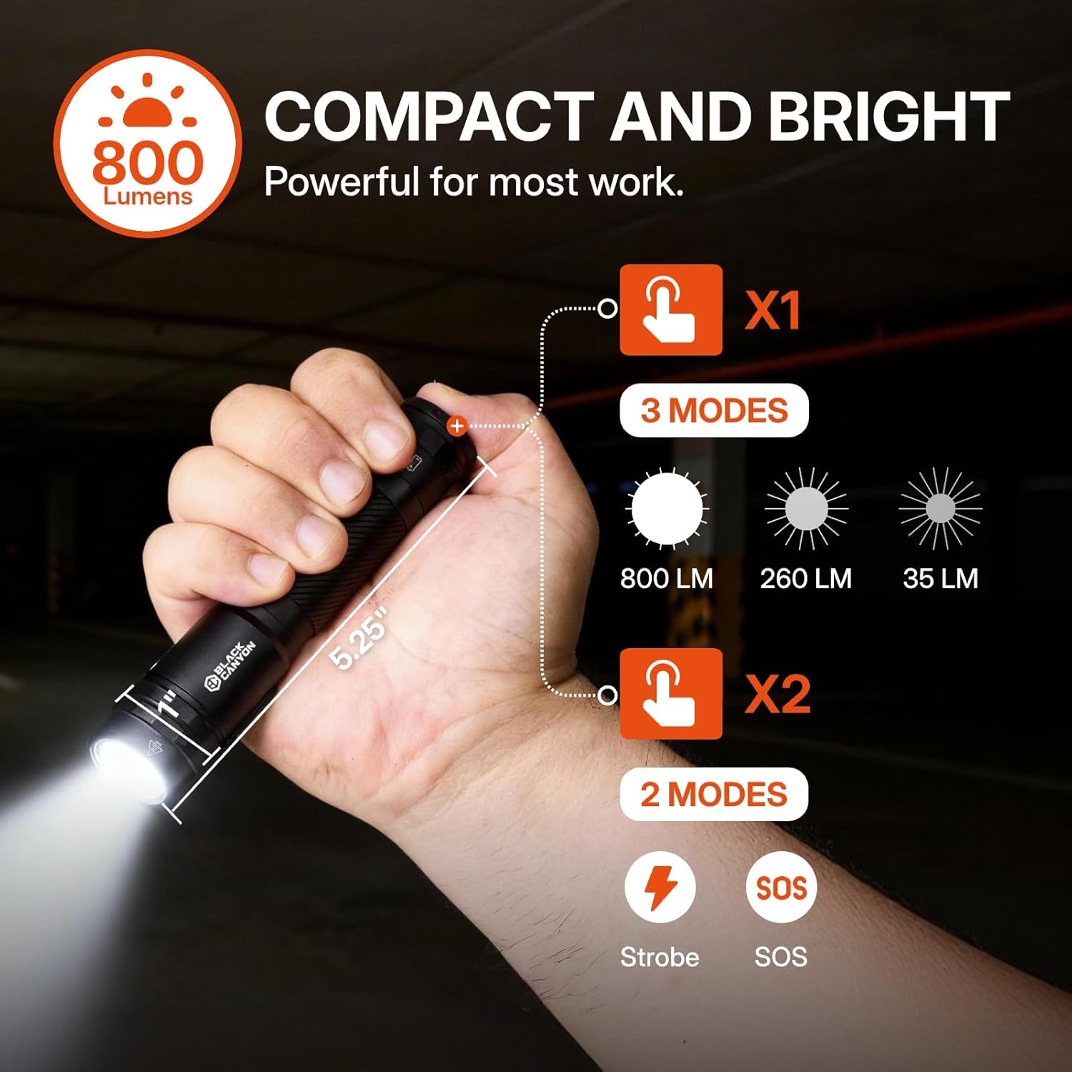 BLACK CANYON LED Flashlight Rechargeable, Small Flashlight 800 Lumen IPX4 Waterproof, Shockproof for Mechanics & Security