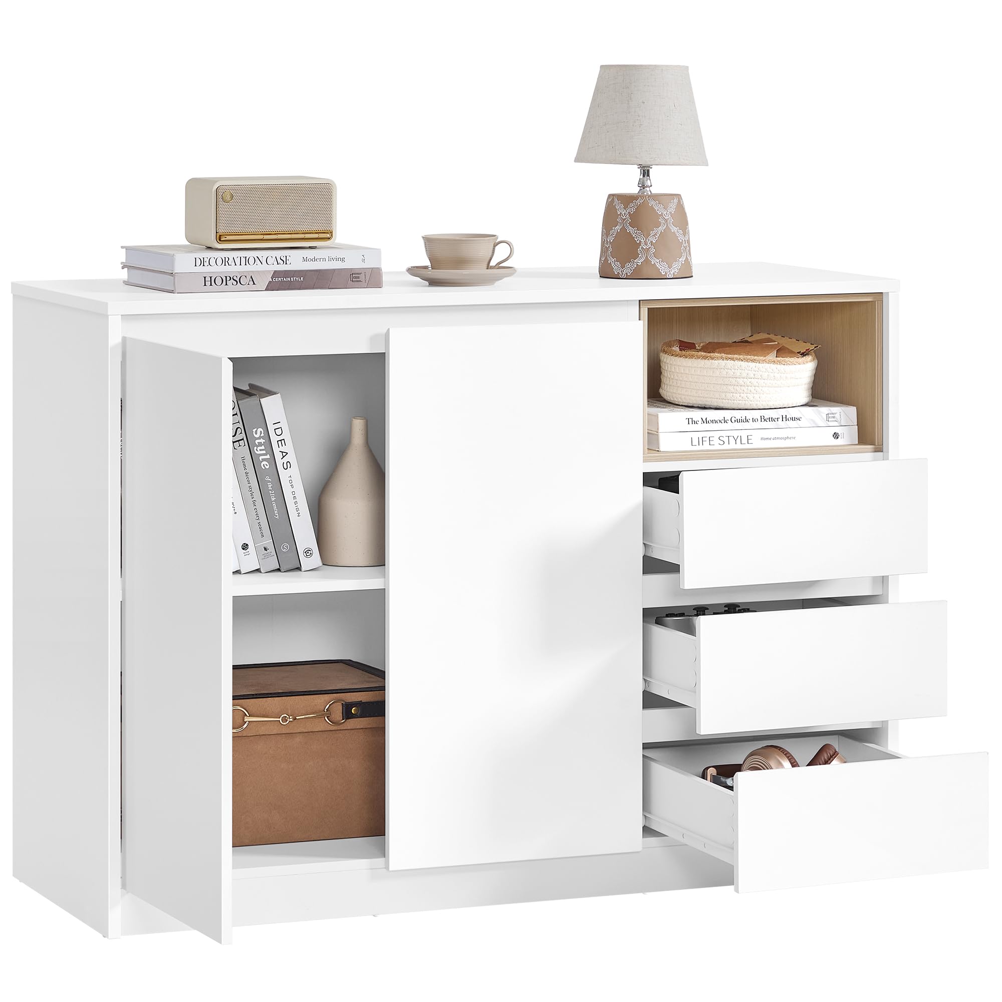 VASAGLE Kailyn Kollektion - Aufbewahrungsschrank, Sideboard, Küchenschrank mit Türen, höhenverstellbare Ablage, 3 Schubladen, modern, 40 x 103,3 x 74,5 cm, wolkenweiß BBK273W21V1