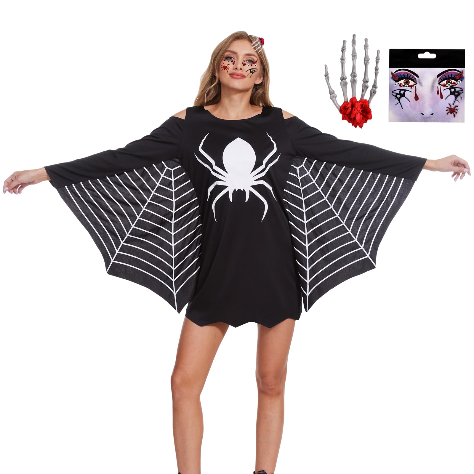 Aragallant Disfraz Murciélago Mujer, Halloween Disfraz de Dama Esqueleto con Pinzas para El Pelo, Costumes Murciélago Mujer para Fiestas, Carnaval y Halloween
