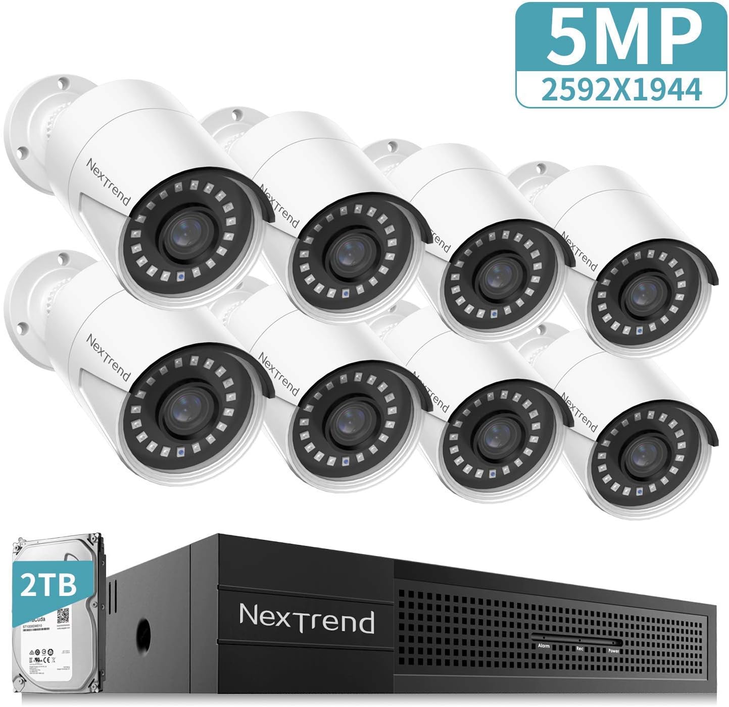 5MP POE Security Camera System, NexTrend 8X 5Megapixels Indoor Outdoor Security Camera, Home Video Surveillance System with Pre-Installed 2TB Hard Drive for 7/24 Recording, Lifetime Free APP