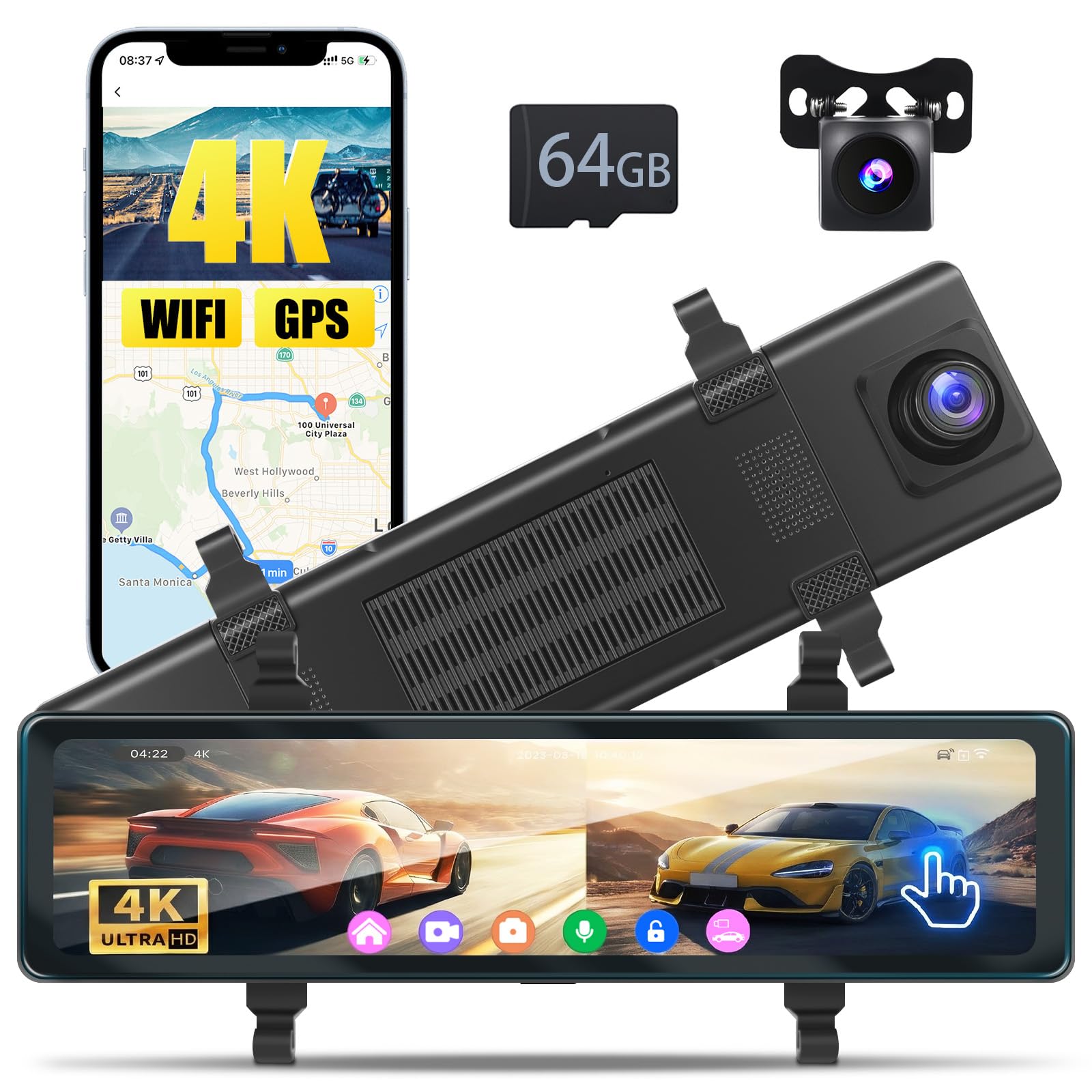 Inefala 4K Dashcam Specchietto 11,26''Touchscreen WiFi GPS con Scheda 64GB