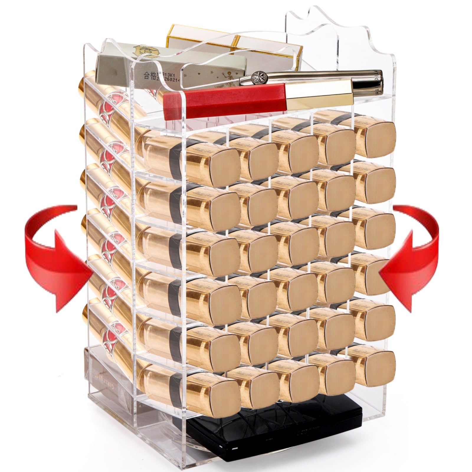 Tlence 64 Slots Rotating Lipstick Organizer, Acrylic Spinning Lipgloss Tower Holder, Clear Rotable Lip Gloss Organizer Case, Lip Stick Display Rack Stand, Cosmetic Makeup Accessories for Lip Balm