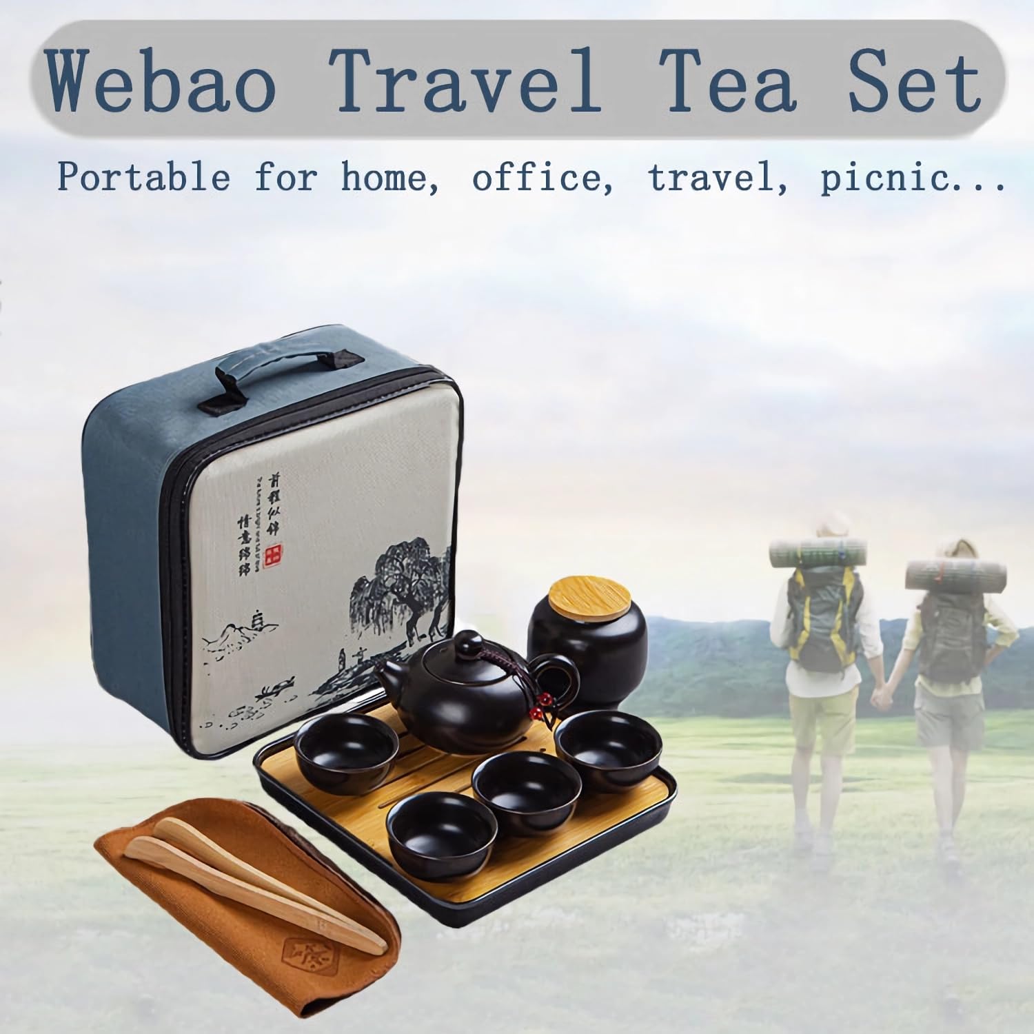 Set de tetera, servicio de té chino Kungfu, tetera de cerámica con 4 tazas y bandeja porta té, juego de viaje para té suelto, negro