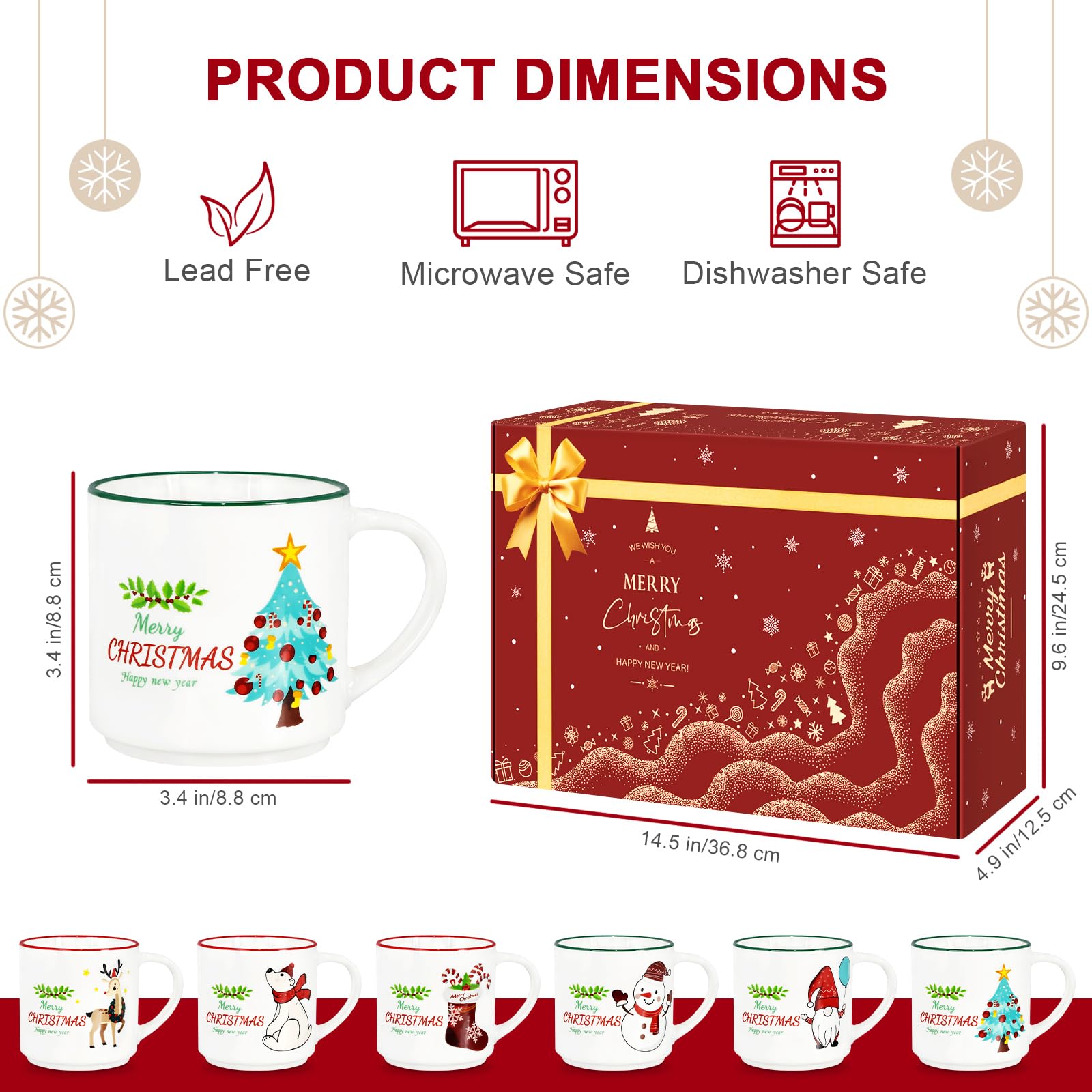 QIKSION Weihnachtstassen 6er Set, 400 ml, niedliche Keramik-Kaffeetassen, stapelbare Weihnachts-Kaffeetassen als Weihnachtsgeschenke für Familie, Freunde und Kollegen
