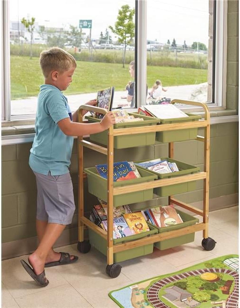 Copernicus BB007-6-S Small Bamboo Book Browser Cart with Sage Tubs