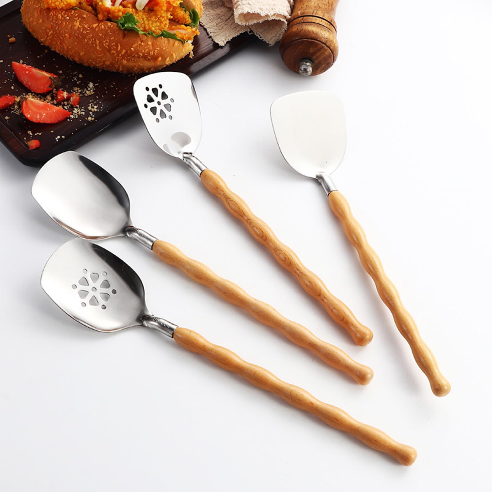 10-teiliges rostbeständiges Edelstahl Küchenwerkzeug Set, Naturholzgriff, Kochutensilien für sicheres, gesundes Kochen, ergonomisches Utensilien Set