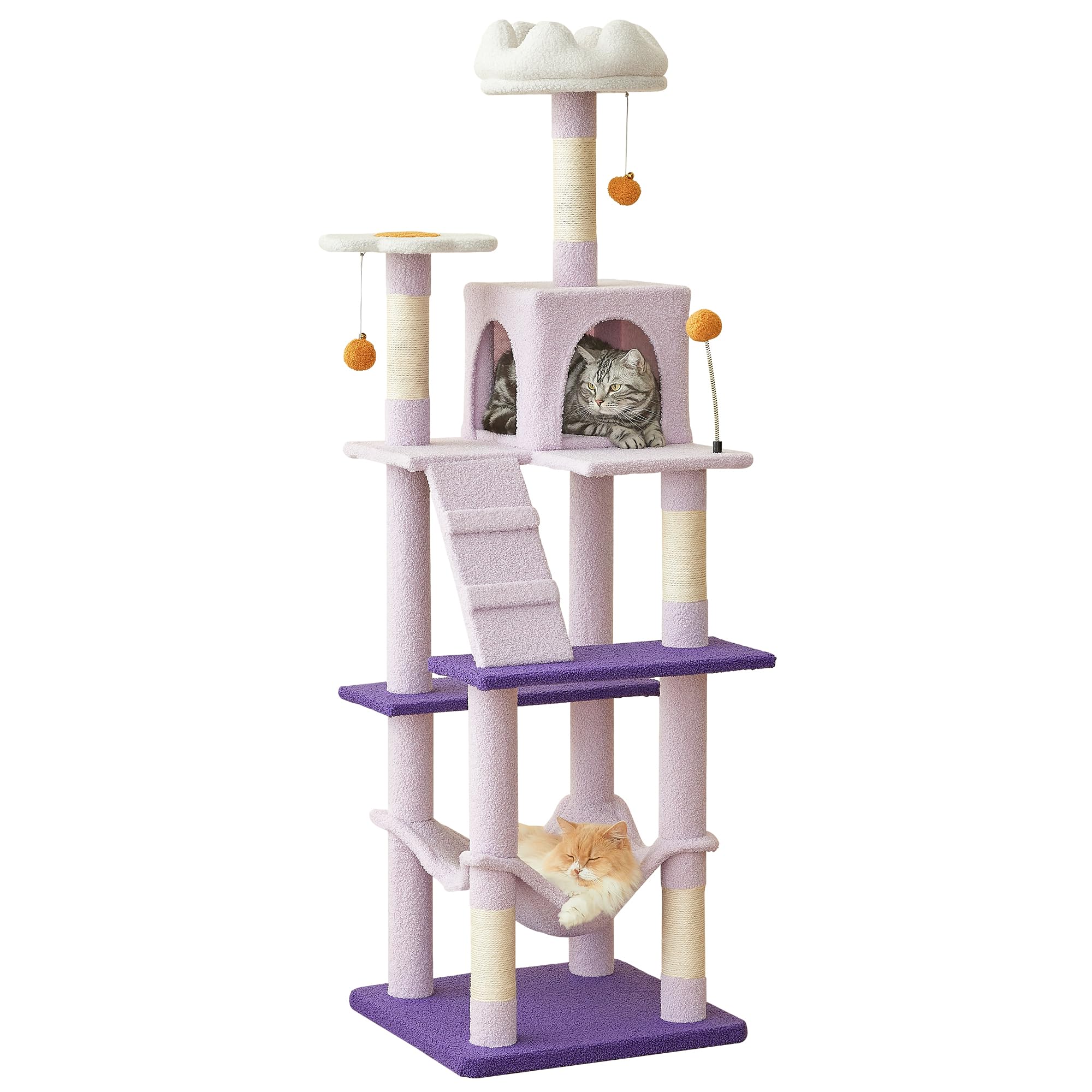 Quuzee Purple Cat Tree, 163cm Multi-Level Tower for Indoor Cats with Sisal-Covered Scratching Posts, Padded Perch, Cozy Hammock and Dangling Toys
