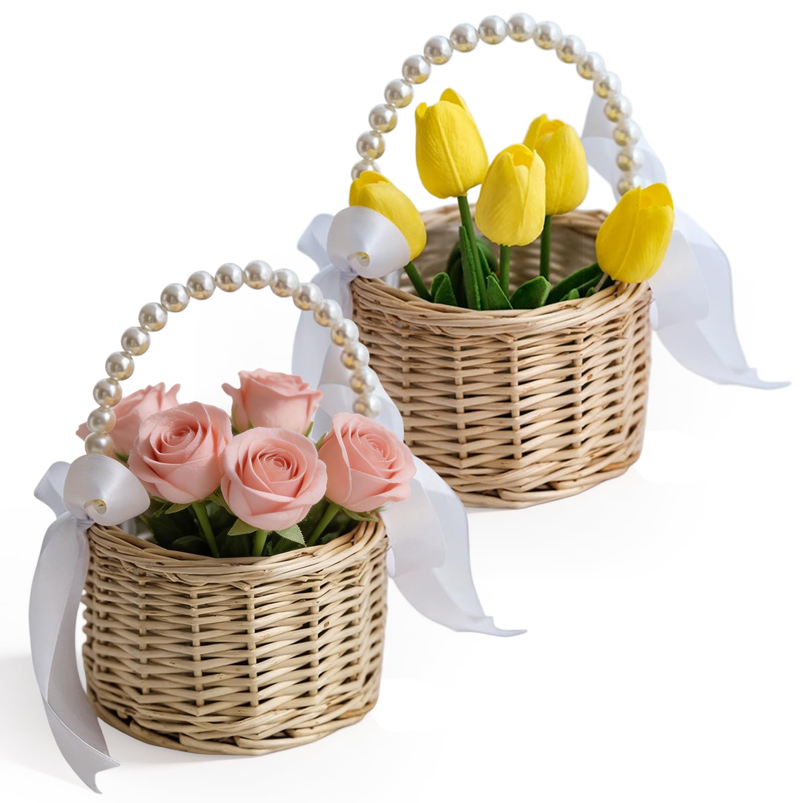 2 Stück Blumenmädchen Korb,20x15CM Blumenkorb Hochzeit Mit Henkel Und Schleife,Mini Geflochtener Blumenkorb,Rattan Blumenmädchen Für Hochzeit,Tischdeko,Hochzeiten,Heimdekoration