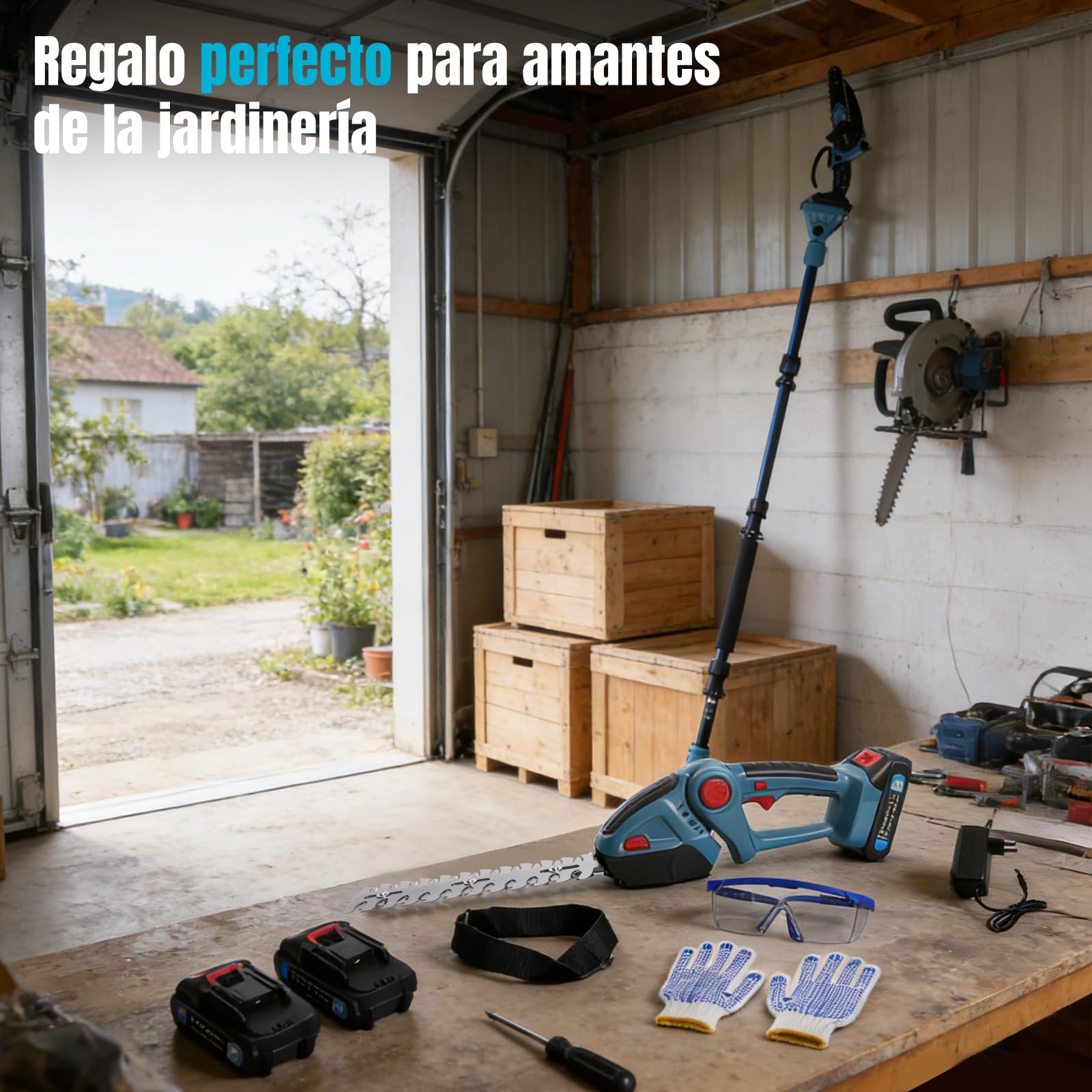 4 en 1 Motosierra y Cortasetos Telescópico a Batería, Compatible con Makita 18V, Podadora de Altura Extensible 2.5m con Correa, Motor de Cobre Puro de Alta Potencia, 2 Baterías para Poda de Jardín
