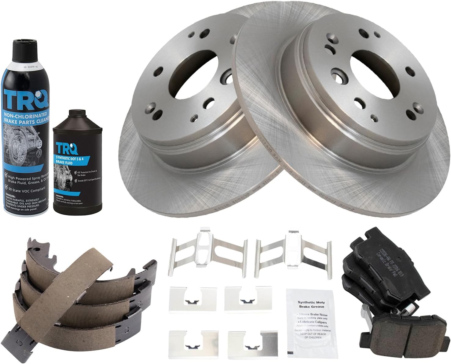 TRQ Rear Brake Pad & Rotor Kit Brake Chemical Kit Brake Pads Brake Rotor Parking Brake Shoe Set Ceramic Compatible with 2004-2008 Acura TL 2003-2011 Honda Element