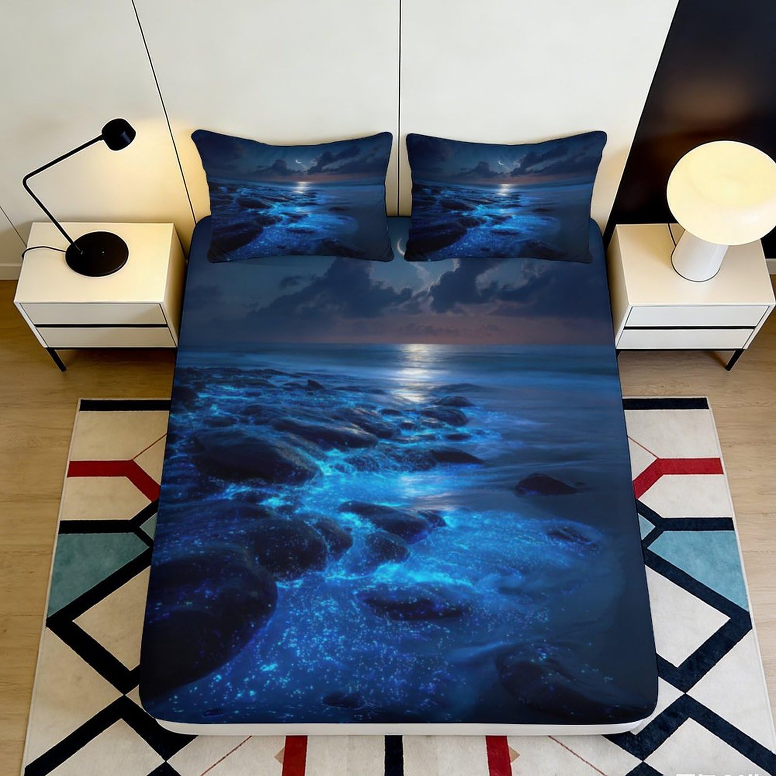 3D Printed Bioluminescent Ocean Fitted Sheet Microfiber Soft Breathable Moonlight Seascape Mattress Cover Bedroom Decor 120x200x25cm