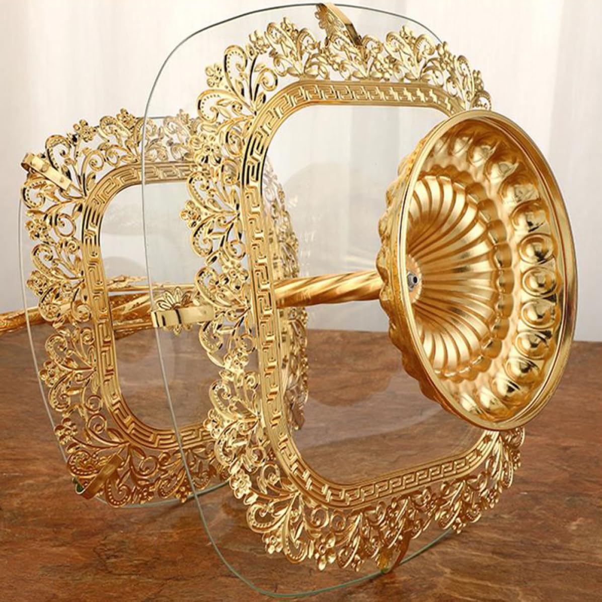 Gatuida Doppellagiger Speiseteller aus Glas und Eisen Goldfarben für Obst und Desserts im Klassischen Europäischen Stil Quadratisch mit Breitem Rand