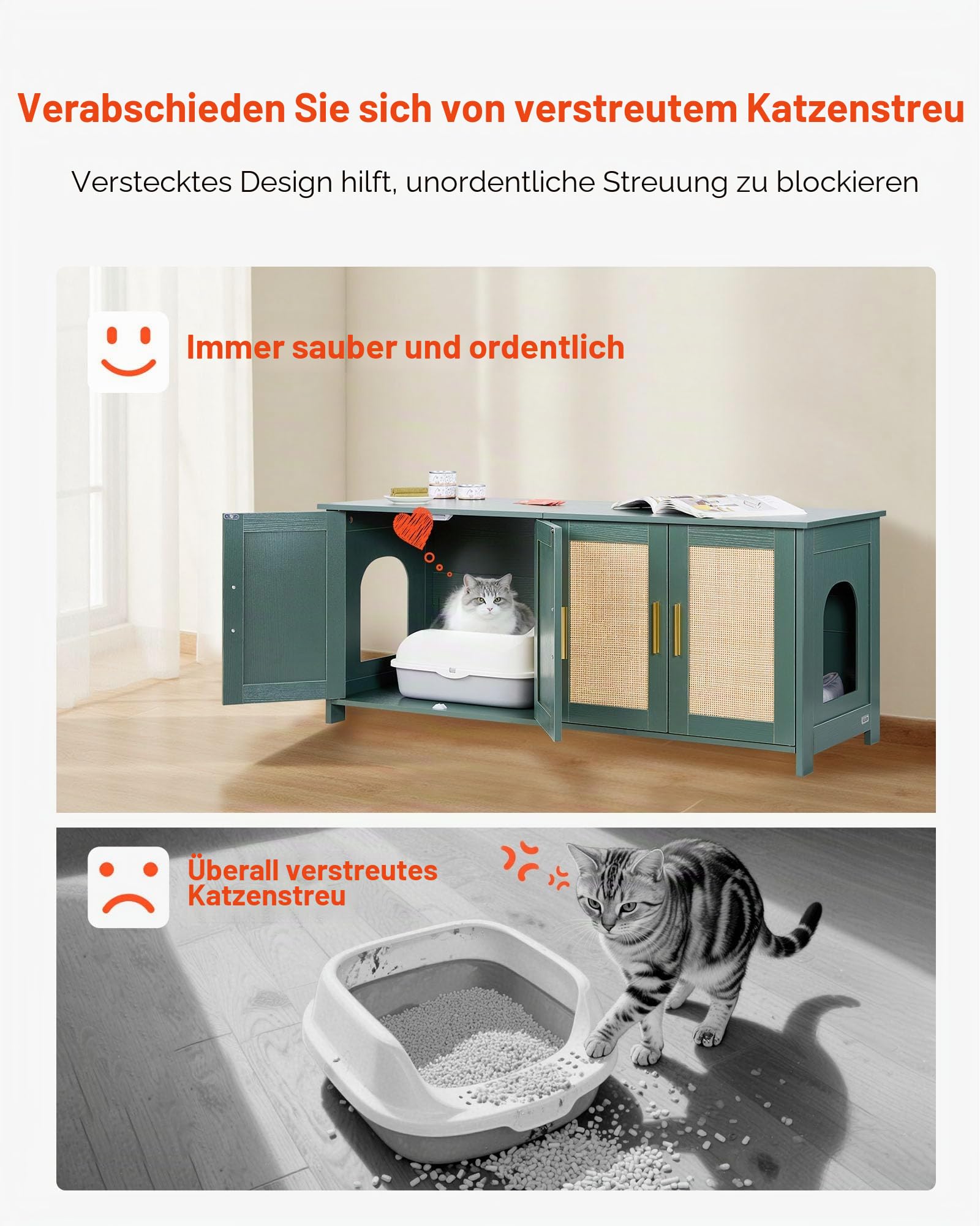 VEVOR Katzenschrank, 1200x450x500 mm, Katzentoilette mit 4 Rattantüren & 2 Eingängen, Katzenklo Schrank für den Innenbereich, Katzenhaus passend für die meisten Katzentoiletten, grün