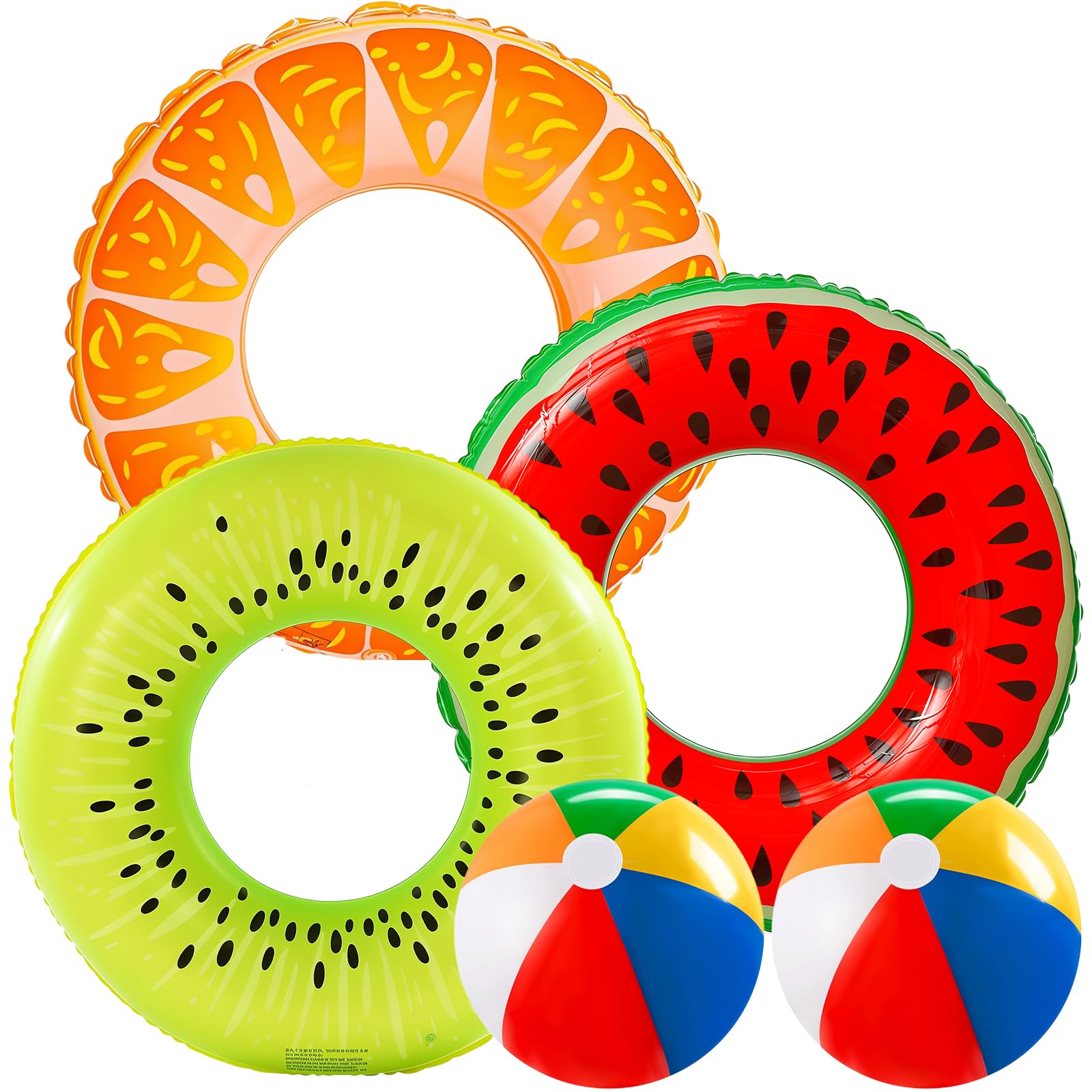 5 Pack Kids Inflatable Swimming Rings, Fruit Pool Floats 70cm, Watermelon Orange Kiwi Lime and Rainbow Ball Swim Rings for Summer Pool Party