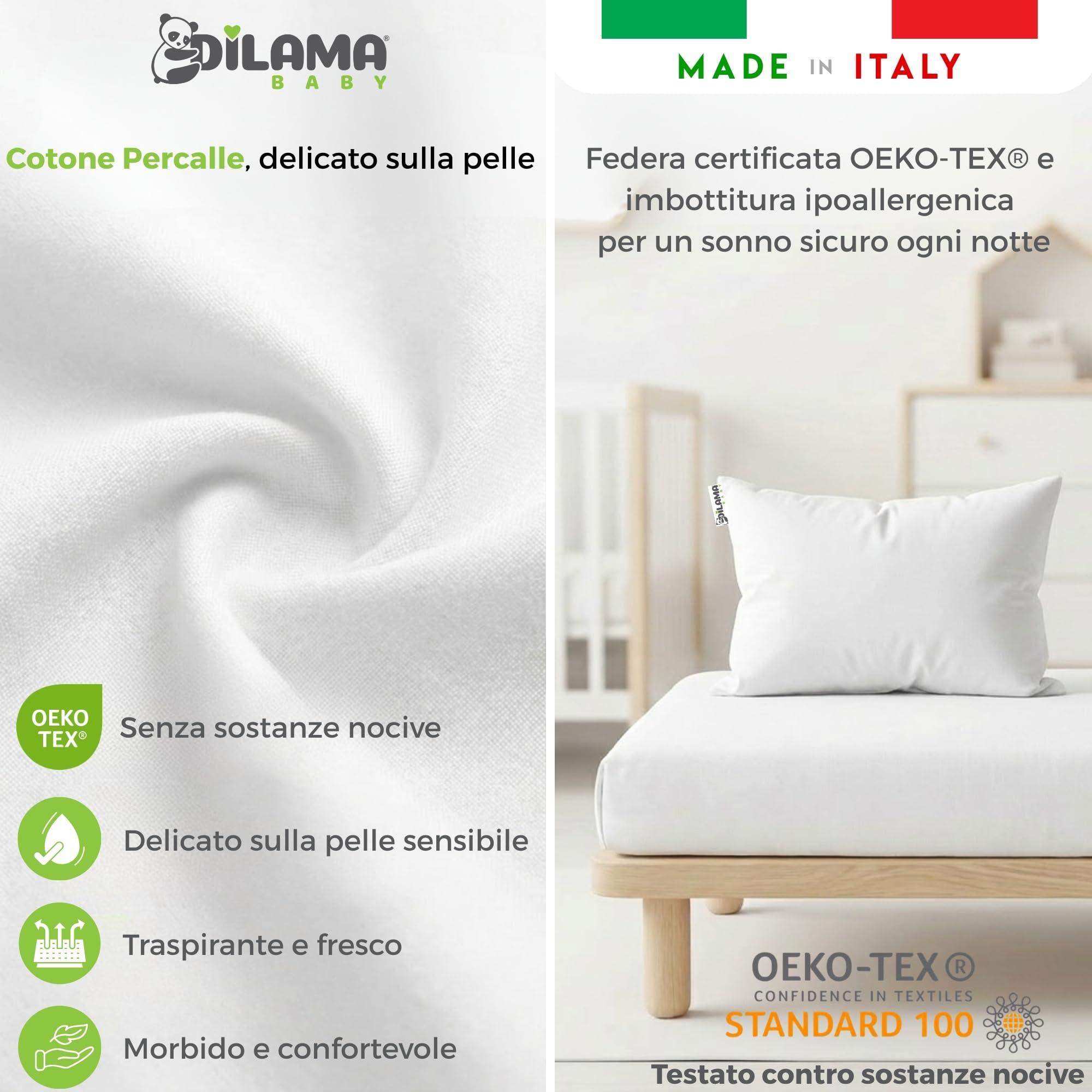 Dilamababy Cuscino Lettino Bambino 40x60 Regolabile in Altezza Anallergico Antiacaro Lavabile Federa Cotone Percalle Oeko Tex