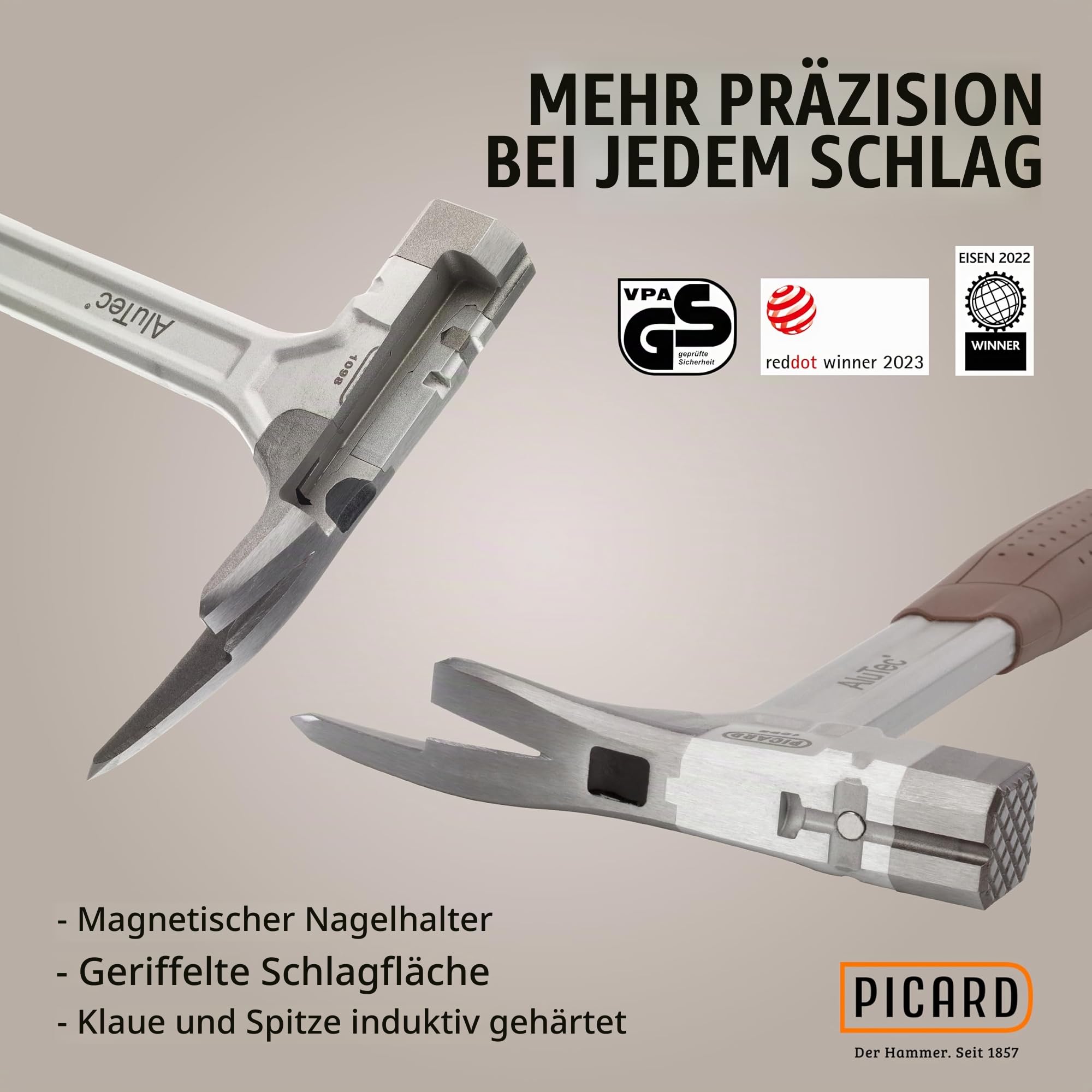 Picard Hammerhammer AluTec | Aluminium & geschmiedeter Stahl | Hybridkopf | Magnetischer Nagelhalter | Ergonomischer Griff | GS geprüfte Sicherheit | VPA zertifiziert