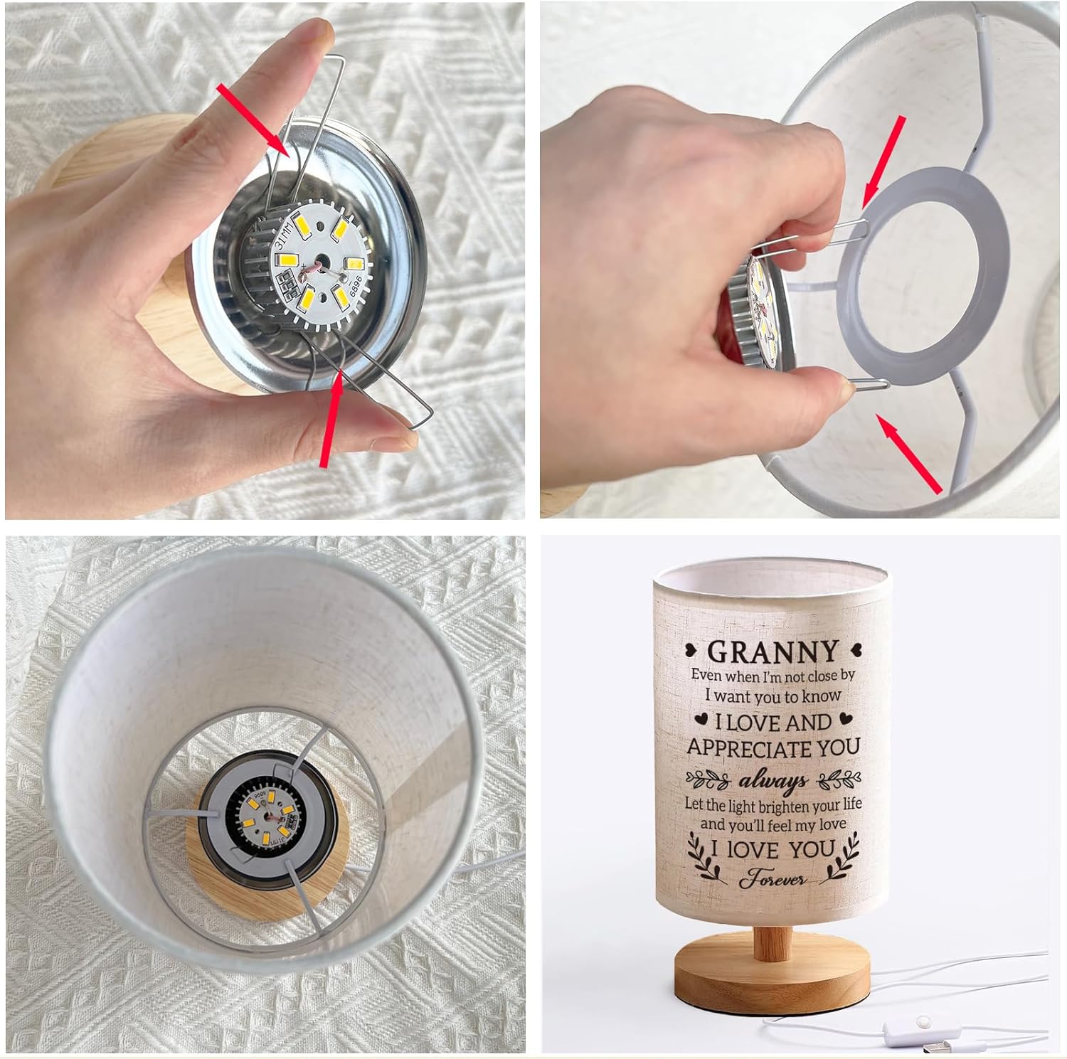 Granny Mothers Day Gifts from Grandkids, Fabric Bedside Table Lamp Presents, Birthday Christmas Valentines Gifts for Granny Grandma Grandmother
