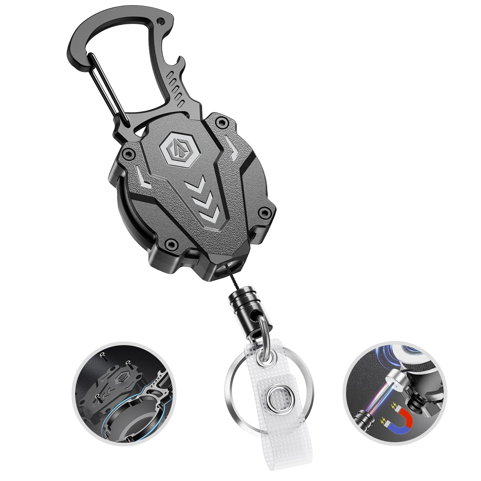 Autonomier 1Pack Heavy Duty Retractable Keychain, Tactical ID Badge Reel Carabiner Clip with Magnetic Closure for Men, Unbreakable Sandwich Construction with 31" Dyneema Cord, Bearing 25oz