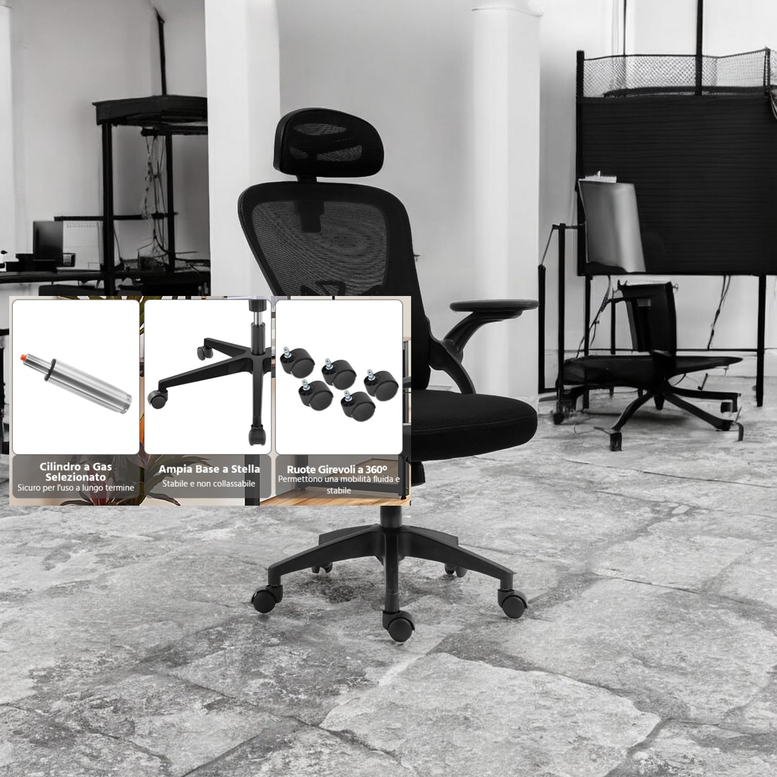 Sedia Ergonomica da Ufficio con Altezza Regolabile Braccioli Pieghevoli Nero